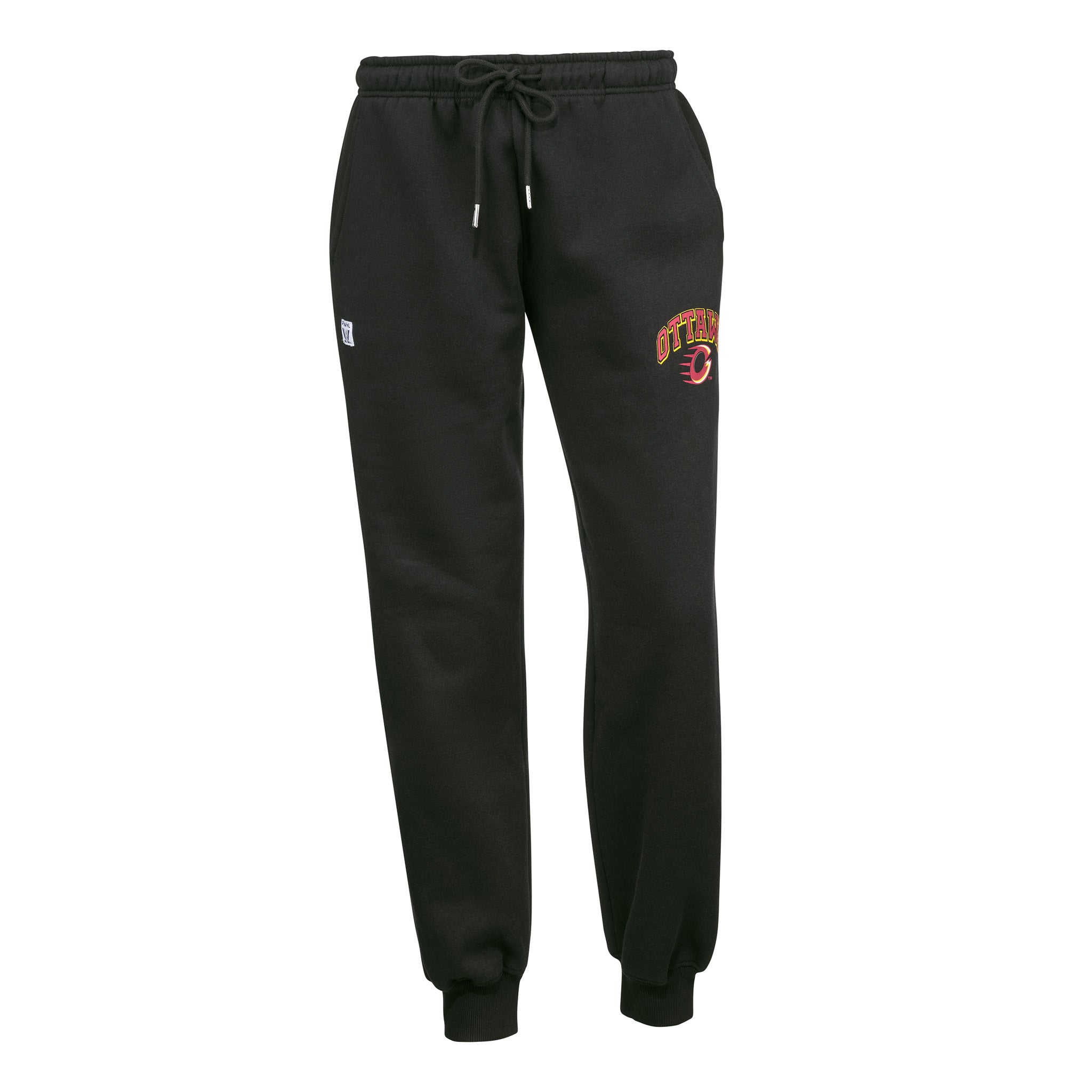 Black sweatpants with a logo on the leg against a white background