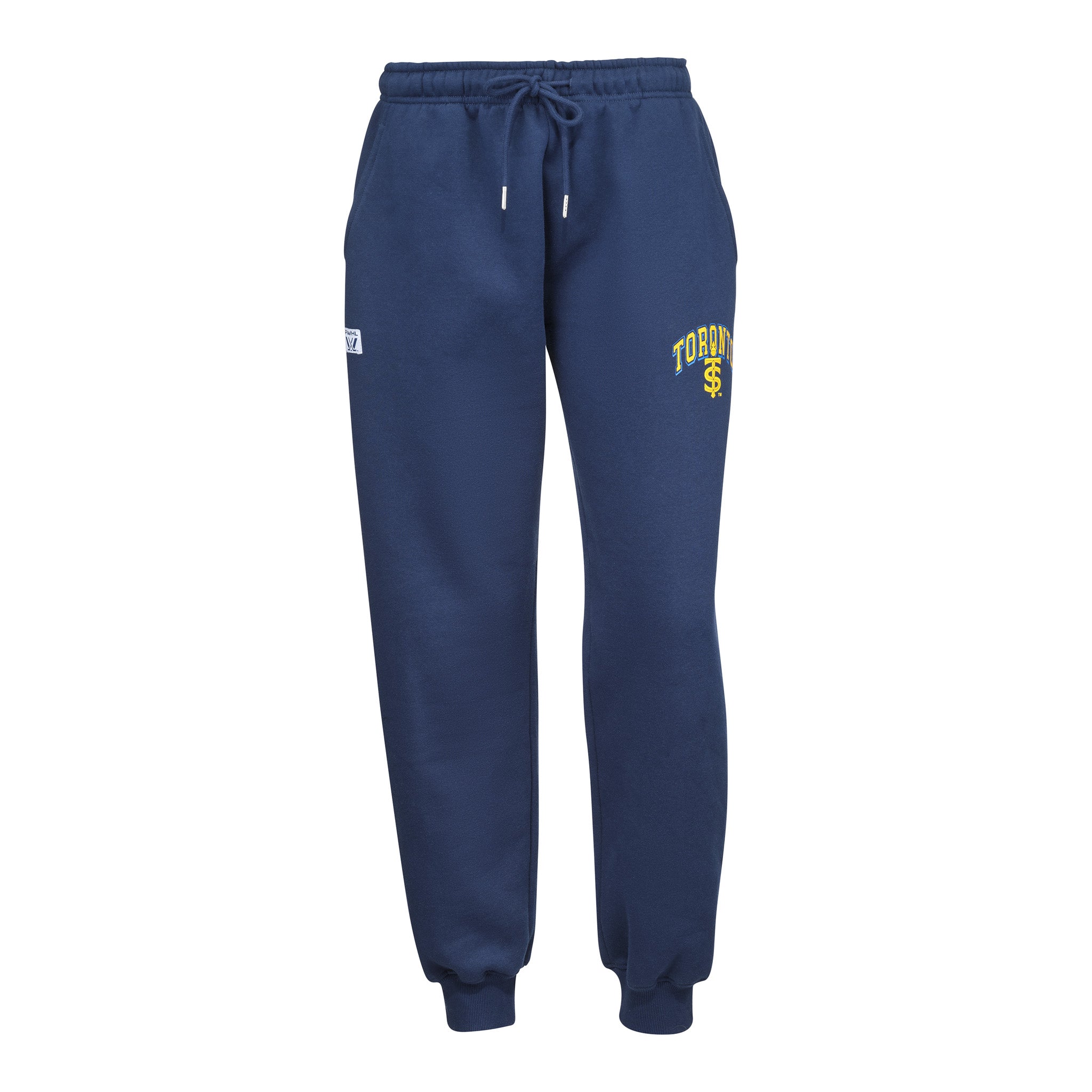 Blue sweatpants with yellow text on a white background