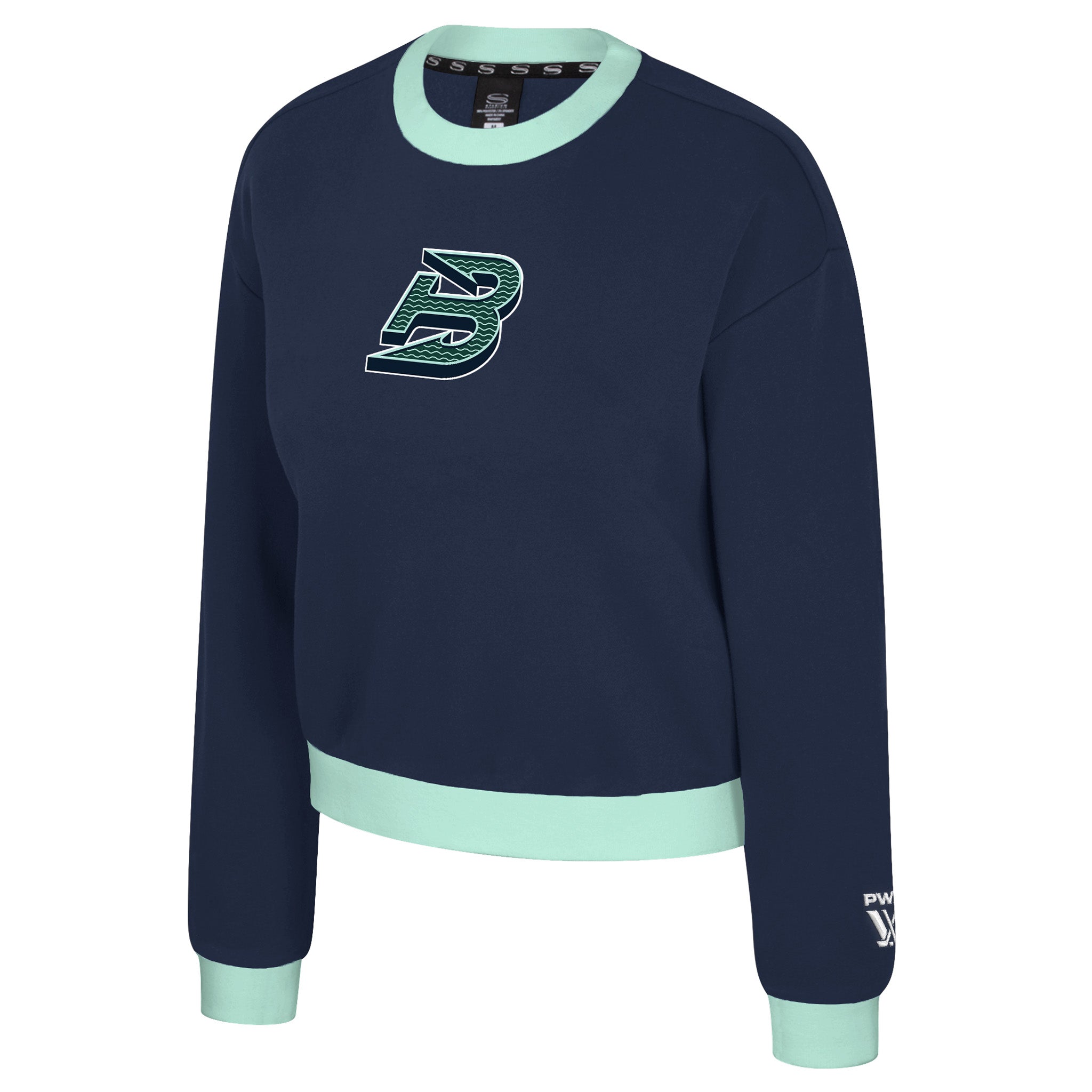 Navy blue sweatshirt with green logo on a white background