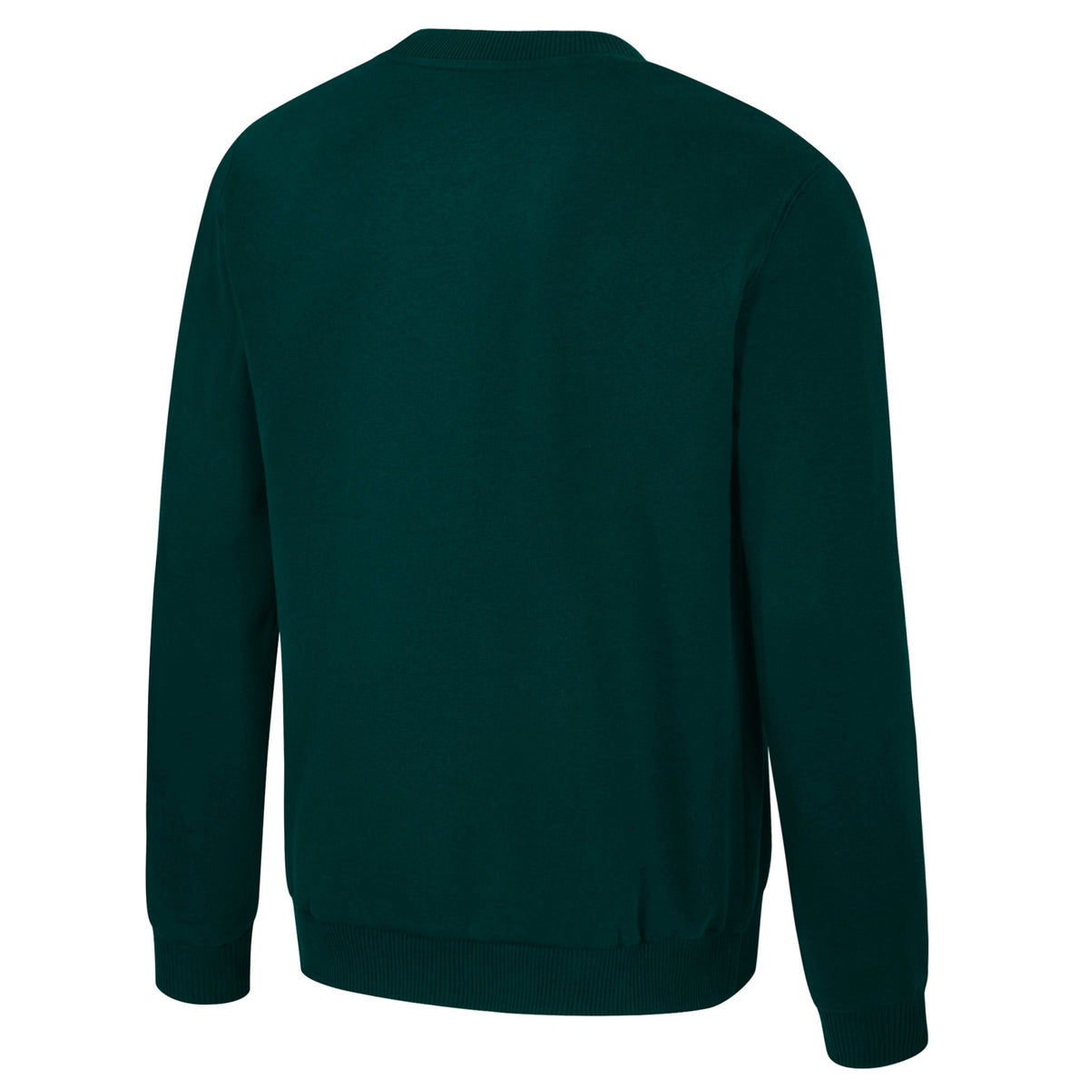 The back of a green crew neck Boston Fleet crew neck sweatshirt. The collar, cuffs, and bottom have ribbed detailing.