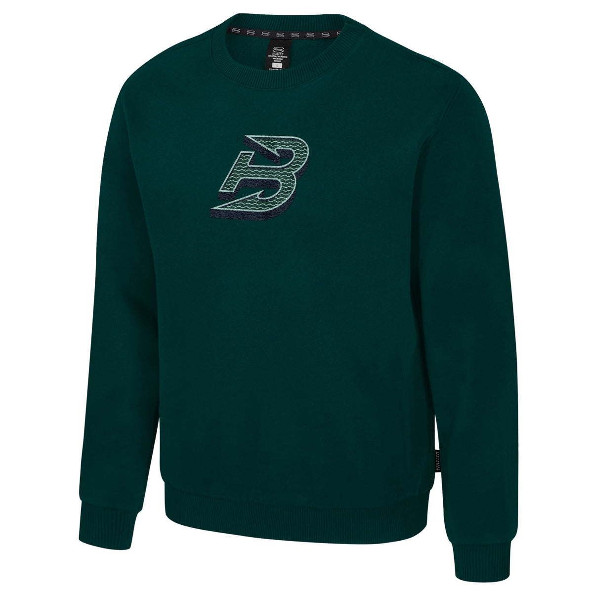 The front of a green crew neck sweatshirt with ribbed collar, cuffs and bottom band. The Boston Fleet logo is embroidered in the center of the chest.