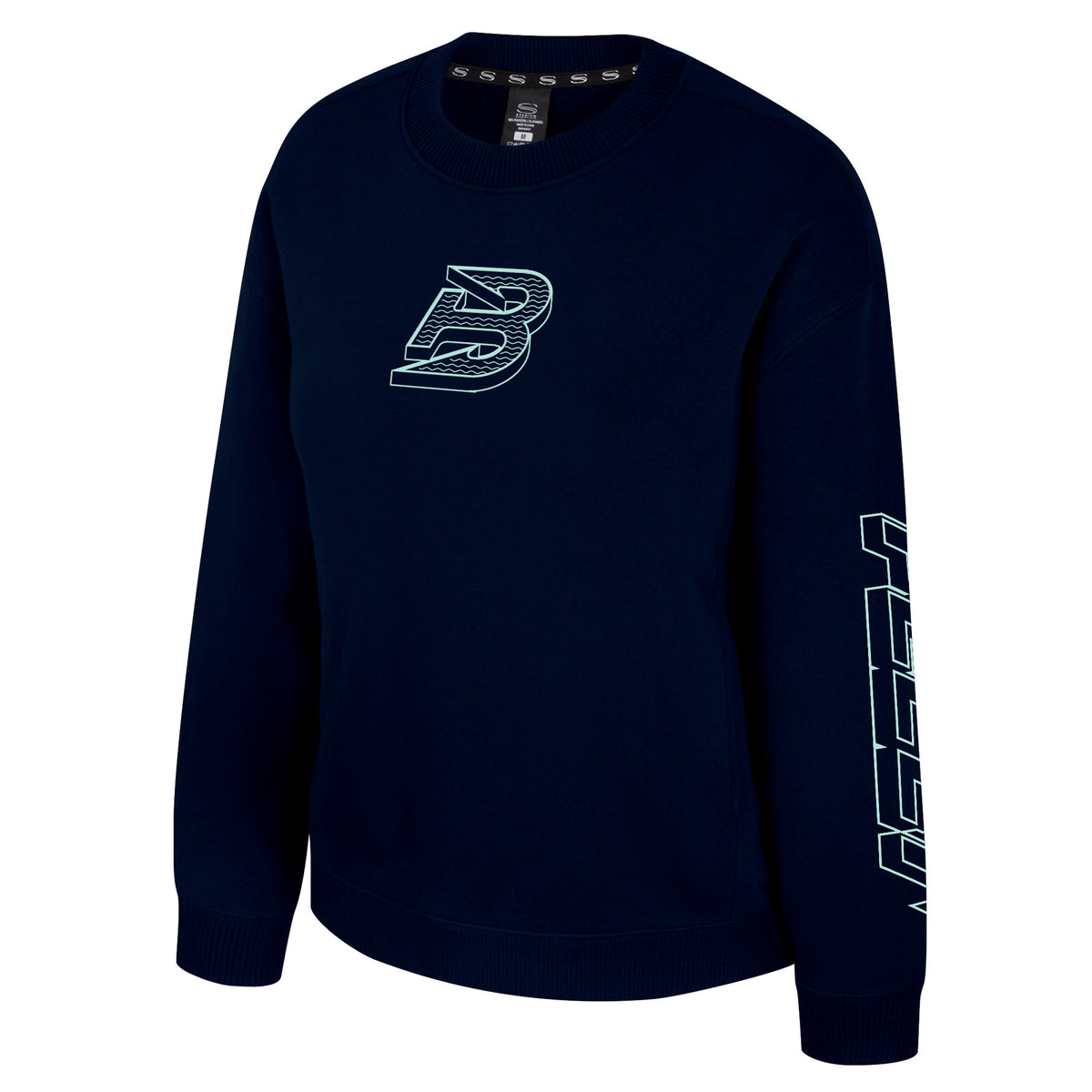 The front of a navy-blue crew neck sweatshirt with ribbed collar, cuffs and bottom band. A teal mono-color Boston Fleet logo is in the center of the chest with 'FLEET' along the left sleeve.