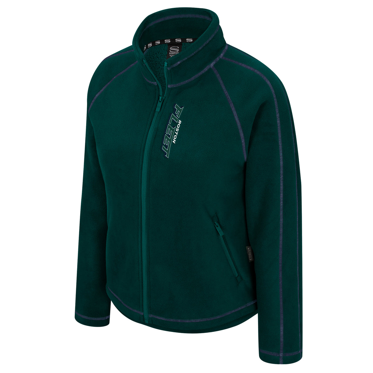 The front of a green full-zip fleece jacket with blue stitched seams along the arms, shoulders, and collar. Running along the zipper in the right chest is a small 'BOSTON' in white with a larger 'FLEET' in green below it. 