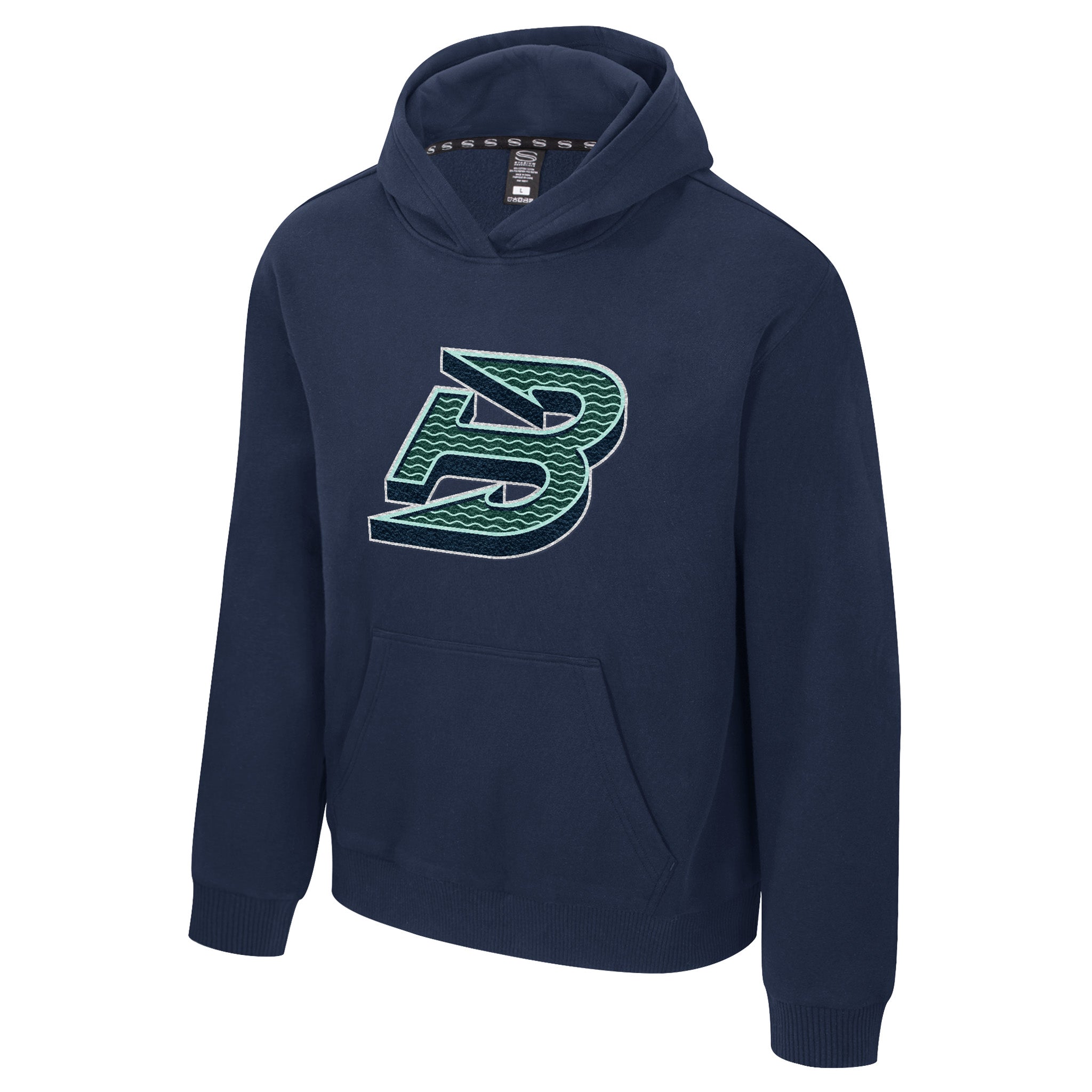 Navy blue hoodie with a green and white logo on a white background