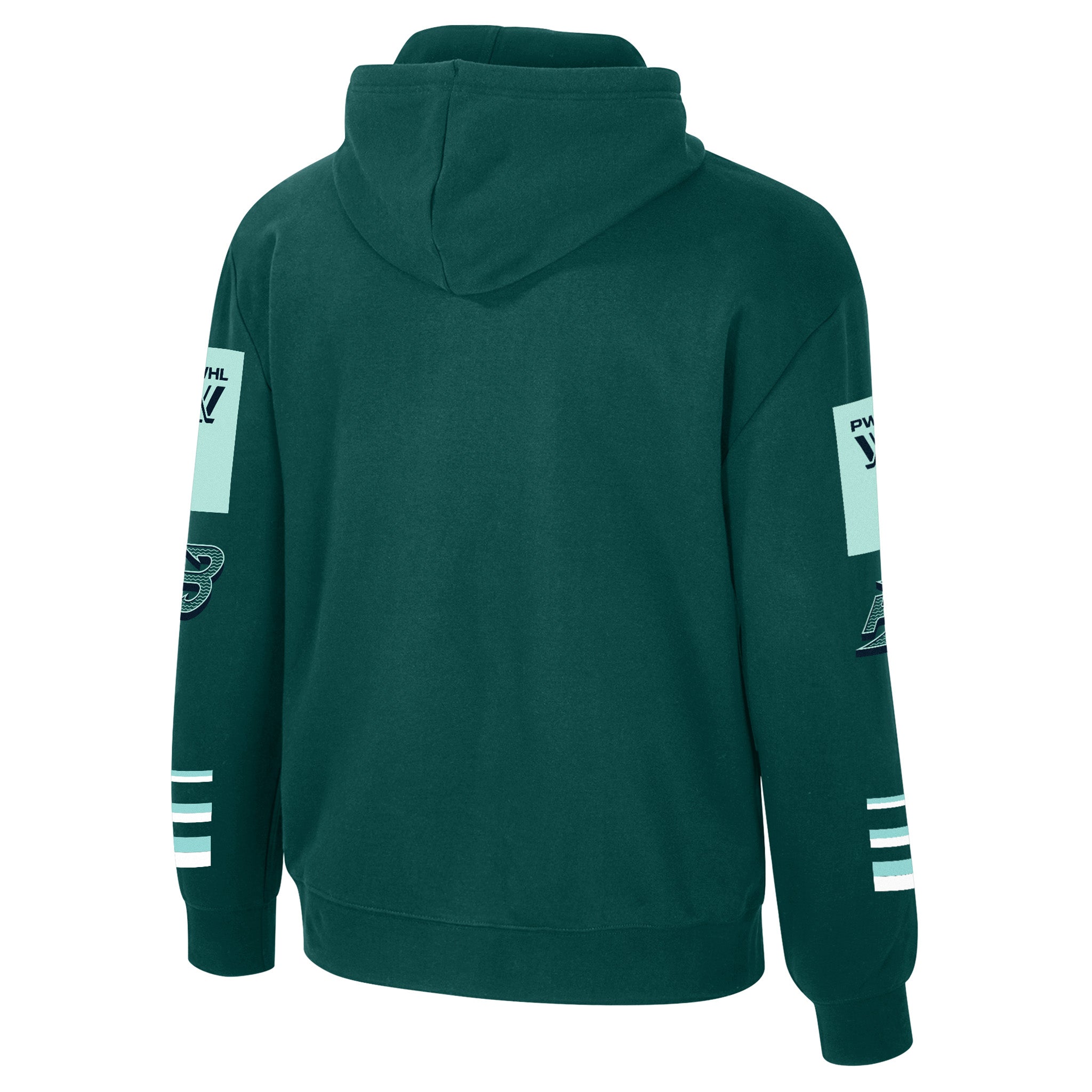 Green hoodie with brand logos on sleeves against a white background