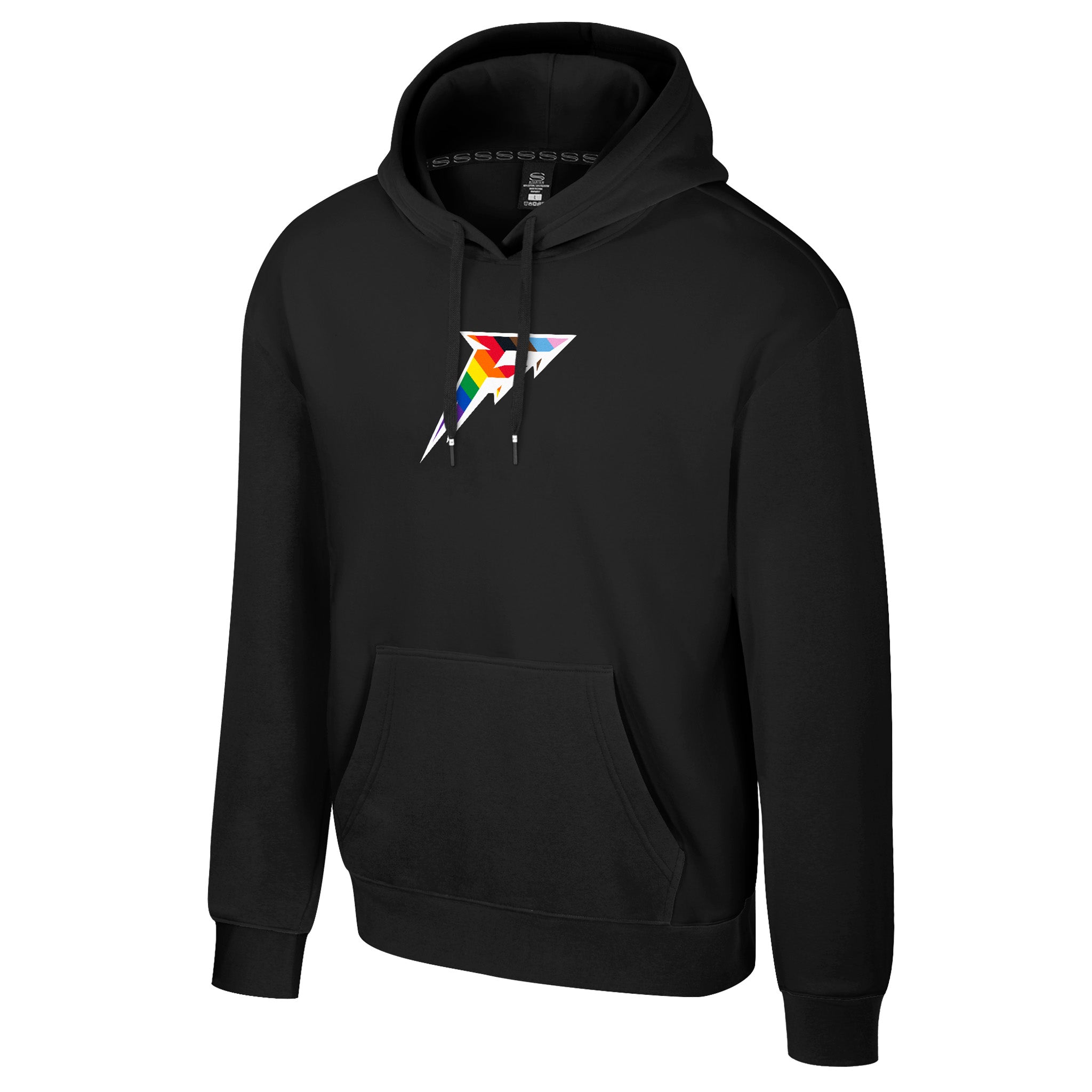 Black hoodie with a colorful logo on a white background