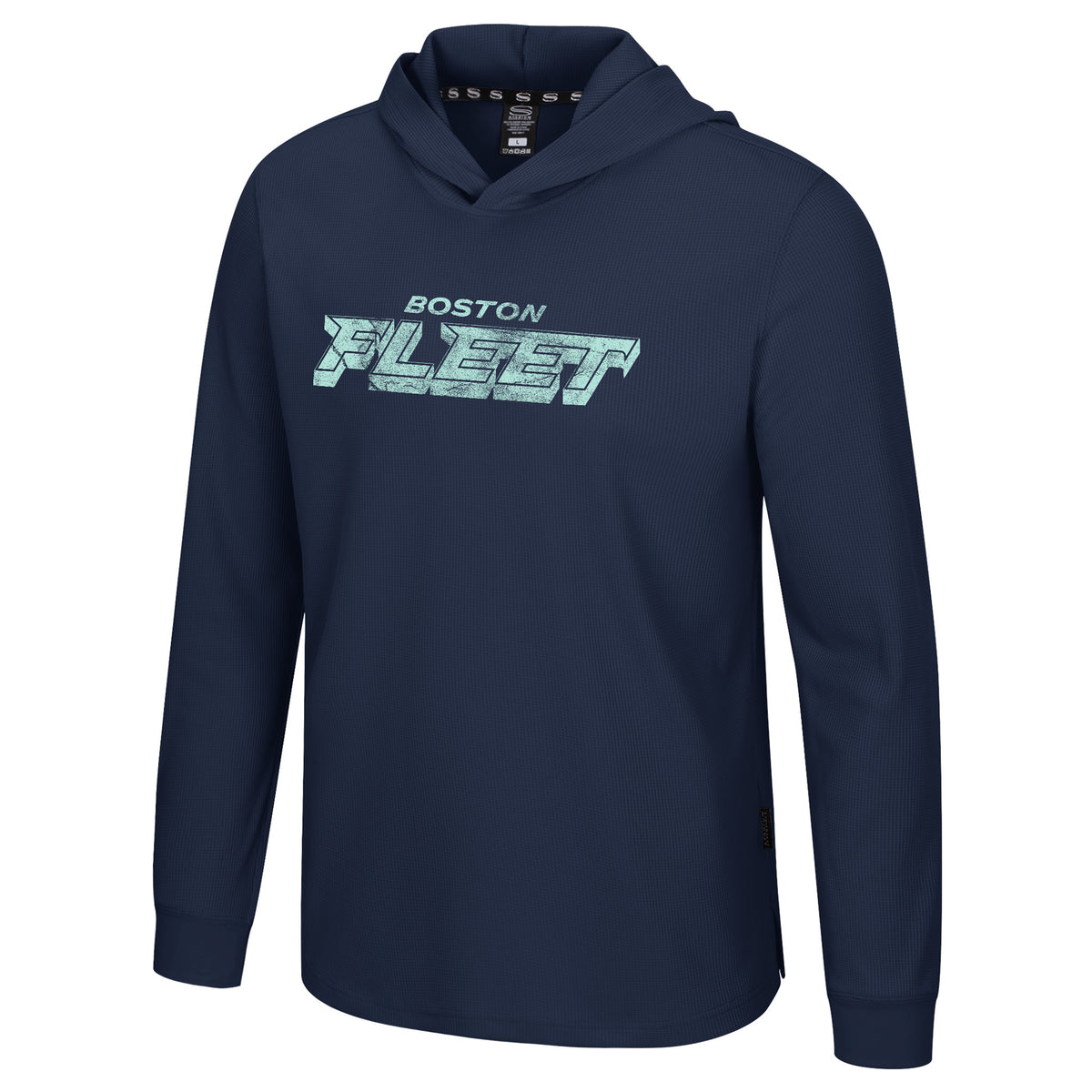 The front of a navy thermal hoodie with 'BOSTON FLEET' across the chest in teal. 