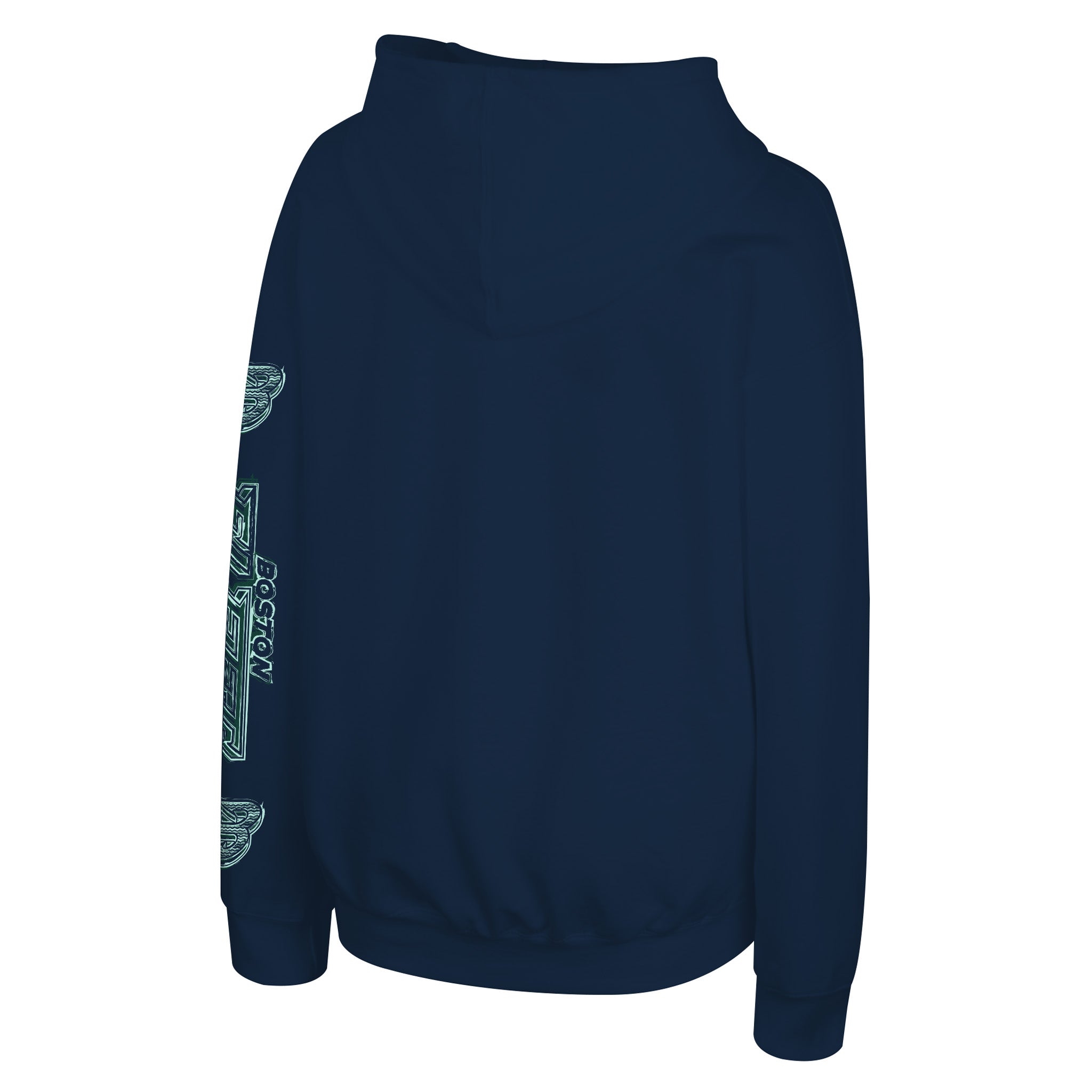 A navy blue hoodie shown from the back, featuring a light green graphic print of wings and the word 'BOSTON FLEET' down the left sleeve, set against a plain white background.