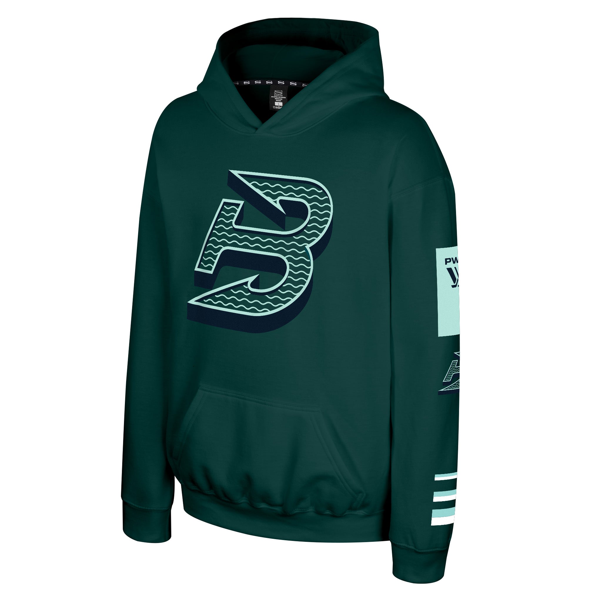 A black pullover hoodie featuring a stylized Boston Fleet logo printed in orange and yellow on the chest, with additional vertical flame-style graphics on the right sleeve.