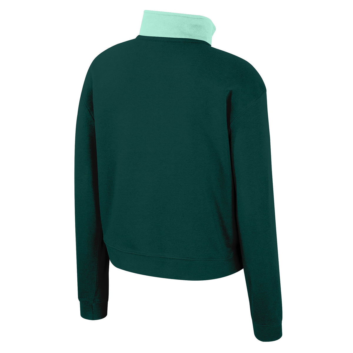 The back of a green Boston Fleet fleece half zip with teal color blocking on the collar.