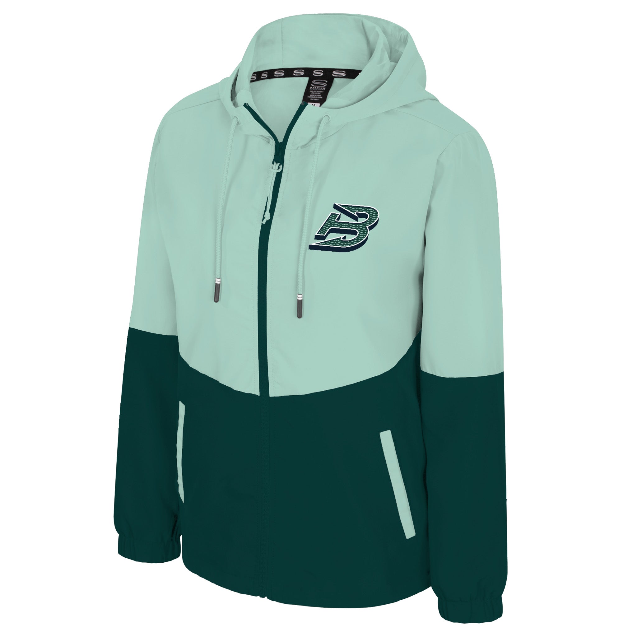 Two-tone teal and green hoodie with a logo on a white background