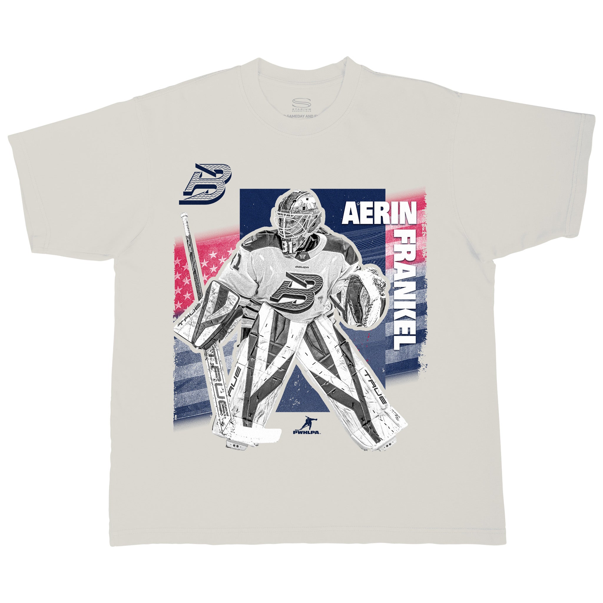 T-shirt with hockey goalie graphic and 'Aerin Frankel' text on a off-white background