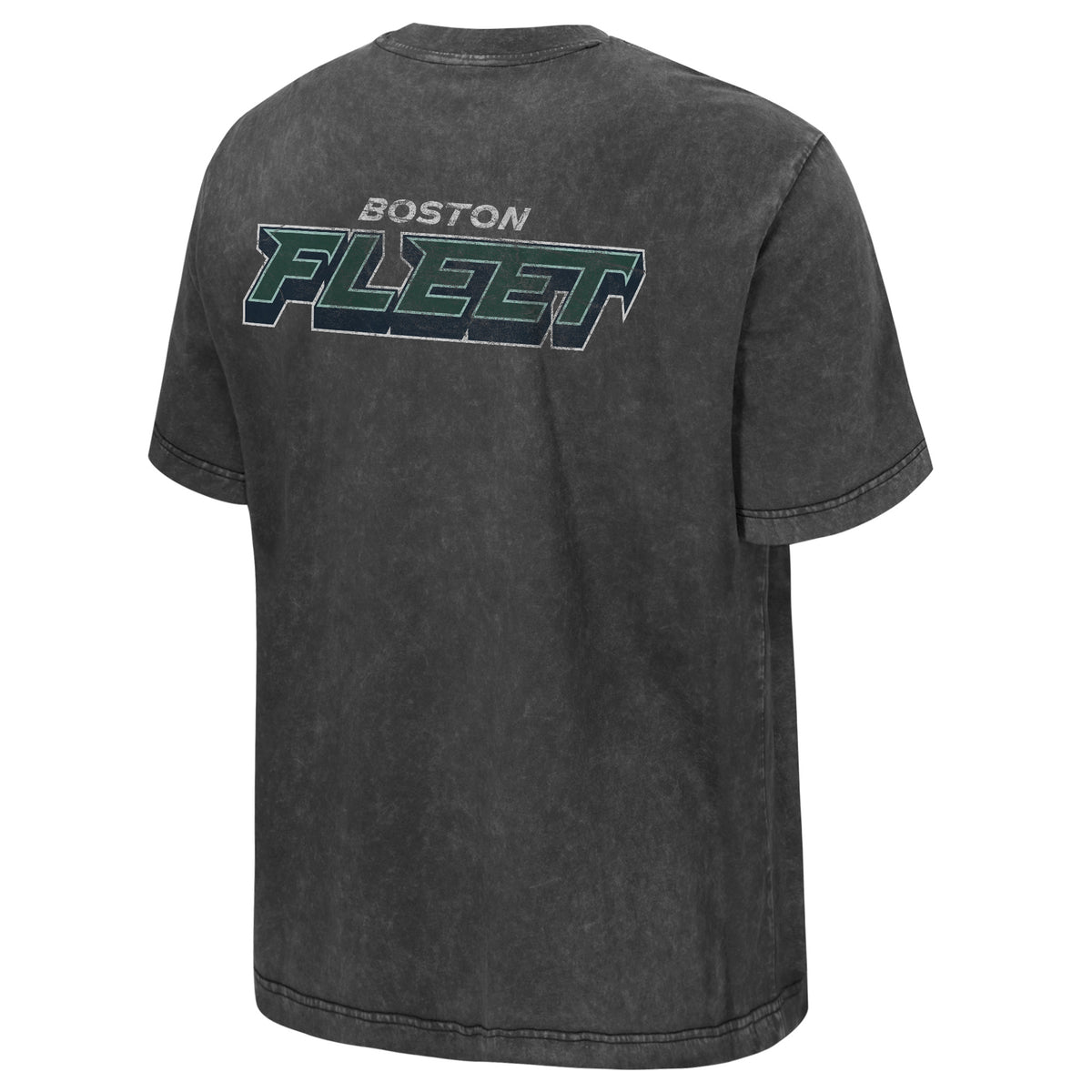 The back of a dark gray wash short sleeve shirt that has 'BOSTON' in white with 'FLEET' in green lettering with navy outline below it. 