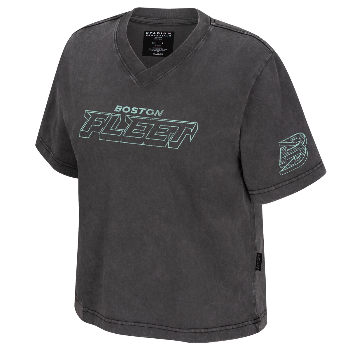 The front of a dark gray was short sleeve V-neck shirt. 'BOSTON FLEET' is in teal across the front. The Boston Fleet logo is in teal in the left sleeve.
