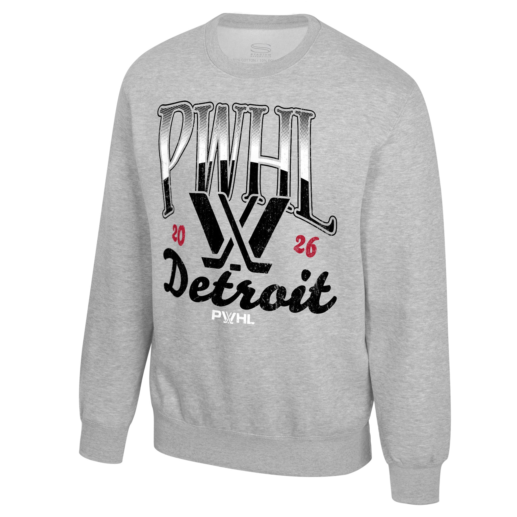 Gray sweatshirt with 'PWHL' logo and text on a white background