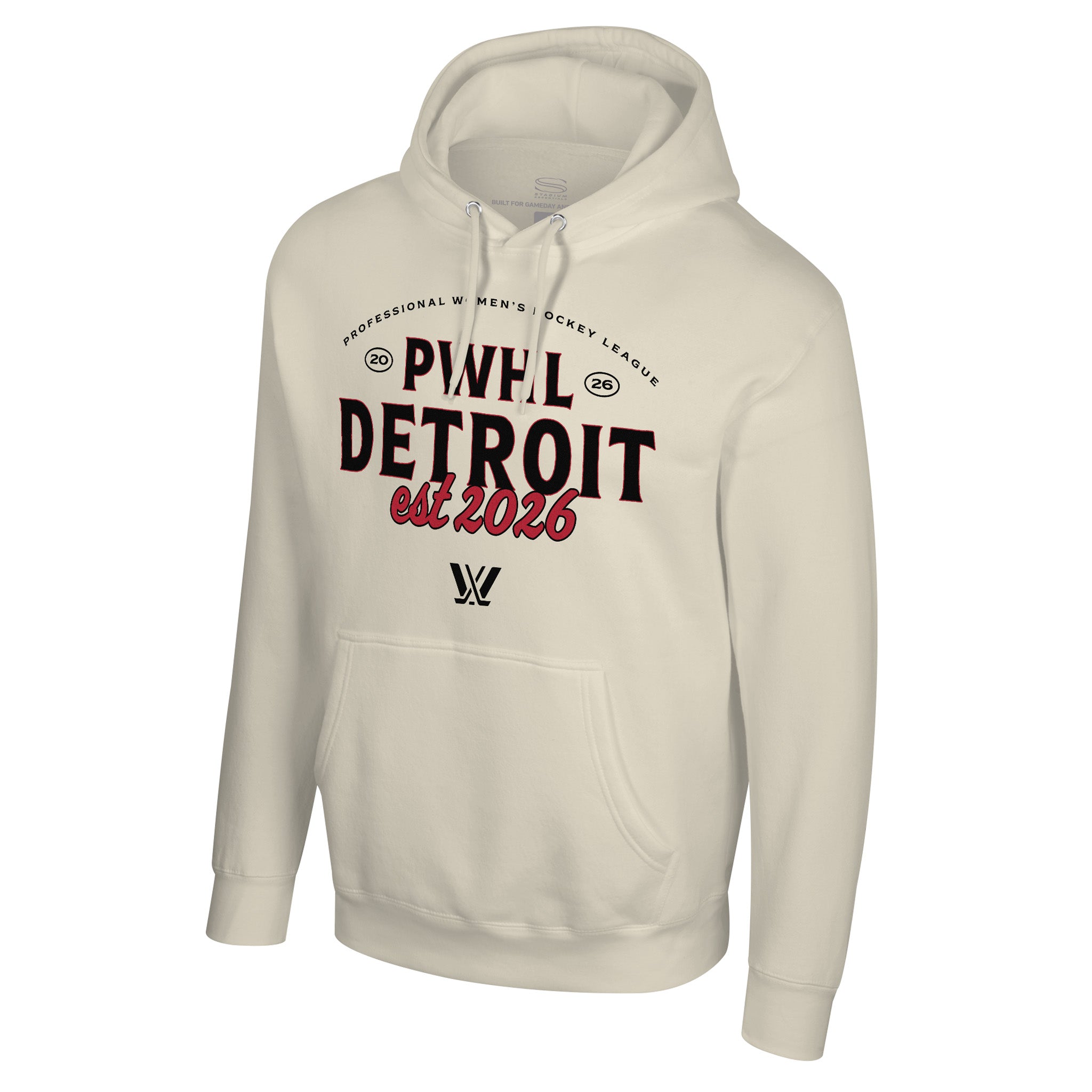 Beige hoodie with 'PWHL Detroit est 2026' text on a white background