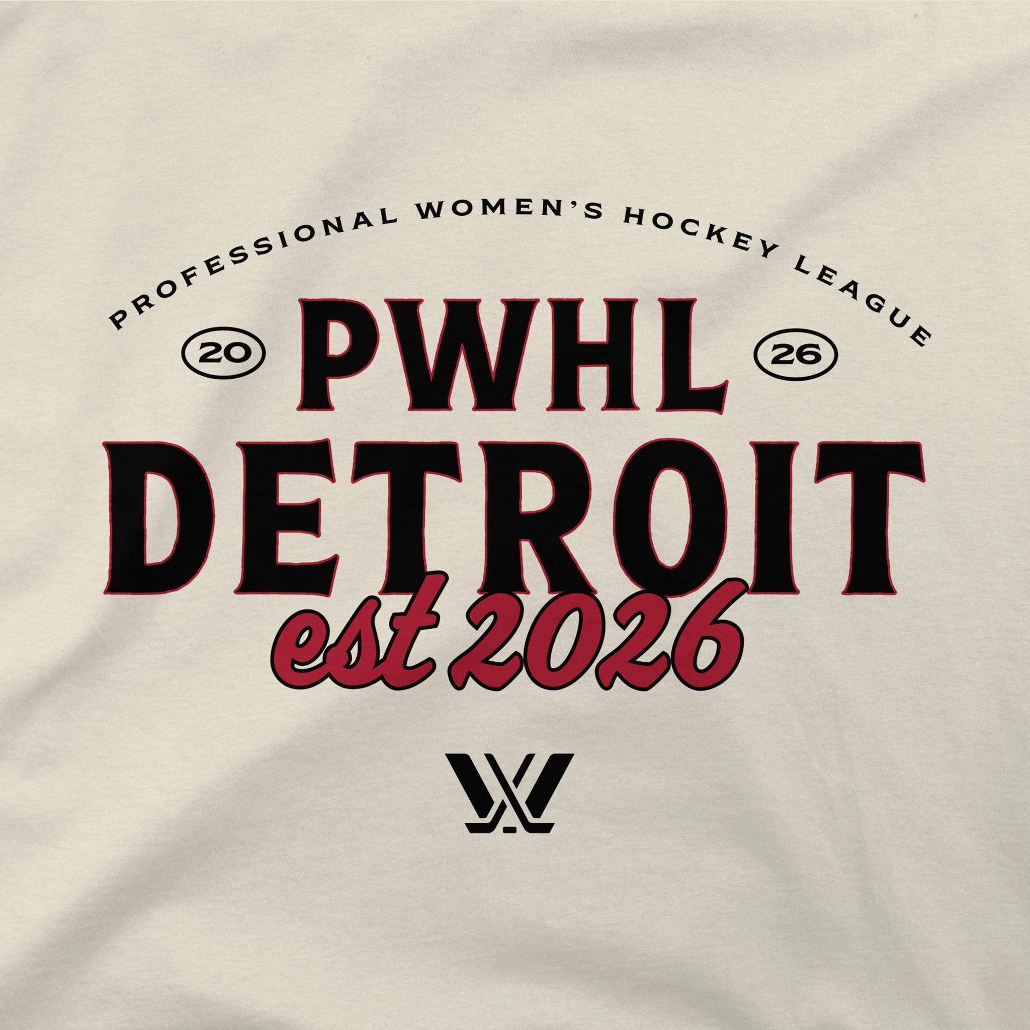 T-shirt with PWHL Detroit text and logo on a beige background