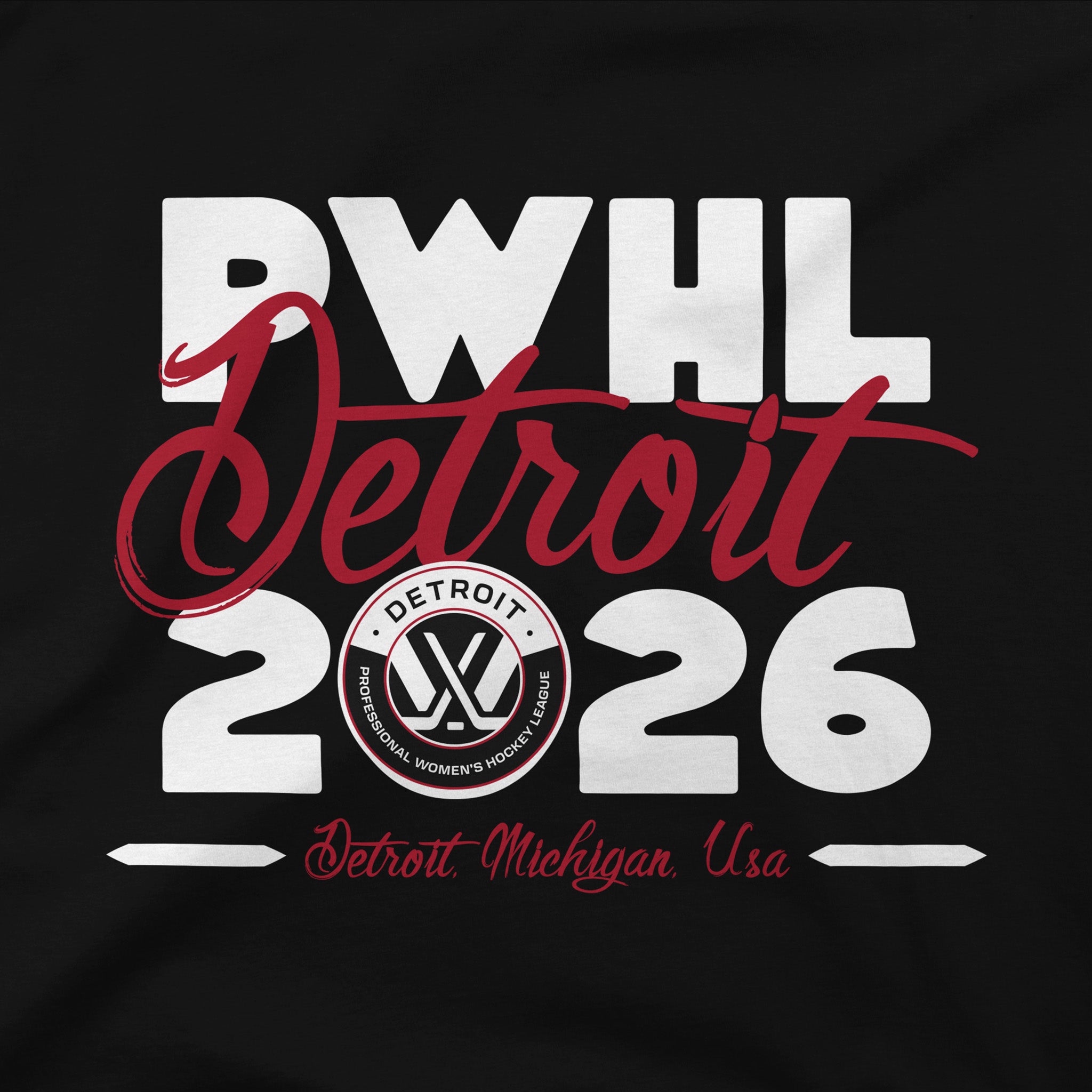 Black shirt with PWHL Detroit 2026 text and logo on a dark background