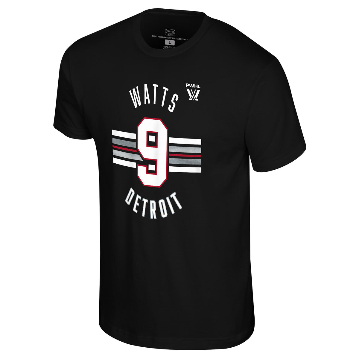 The front of a black short sleeved shirt. White, gray, and white stripes are across the center with a white '9' outlined in red on top of them. 'WATTS' in white is on top with the PWHL logo next to it. 'DETROIT' is below in white. 