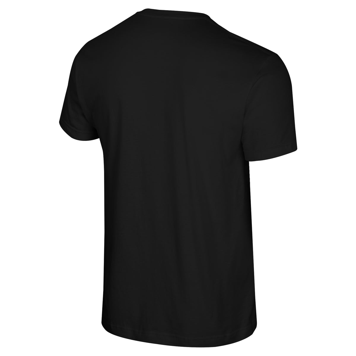 The back of a black short sleeved shirt.
