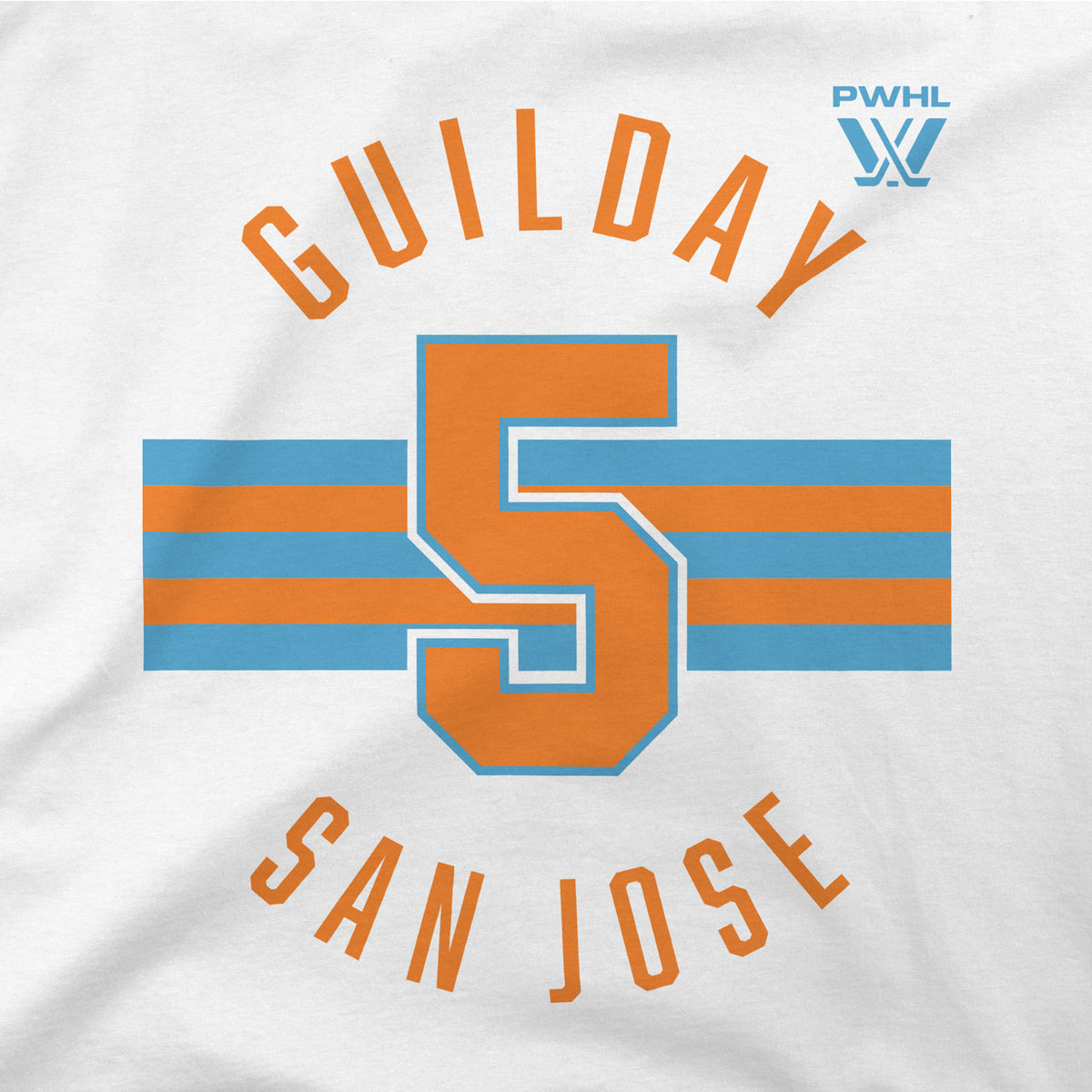 The front of a white short sleeved shirt. Blue and orange stripes are across the center with an orange '5' outlined in blue on top of them. 'GUILDAY' in orange is on top with the PWHL logo next to it. 'SAN JOSE' is below in orange. 
