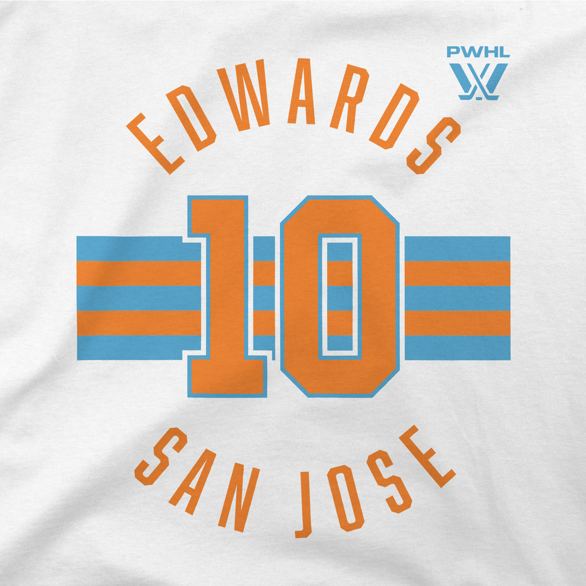 The front of a white short sleeved shirt. Blue and orange stripes are across the center with an orange '10' outlined in blue on top of them. 'EDWARDS' in orange is on top with the PWHL logo next to it. 'SAN JOSE' is below in orange. 