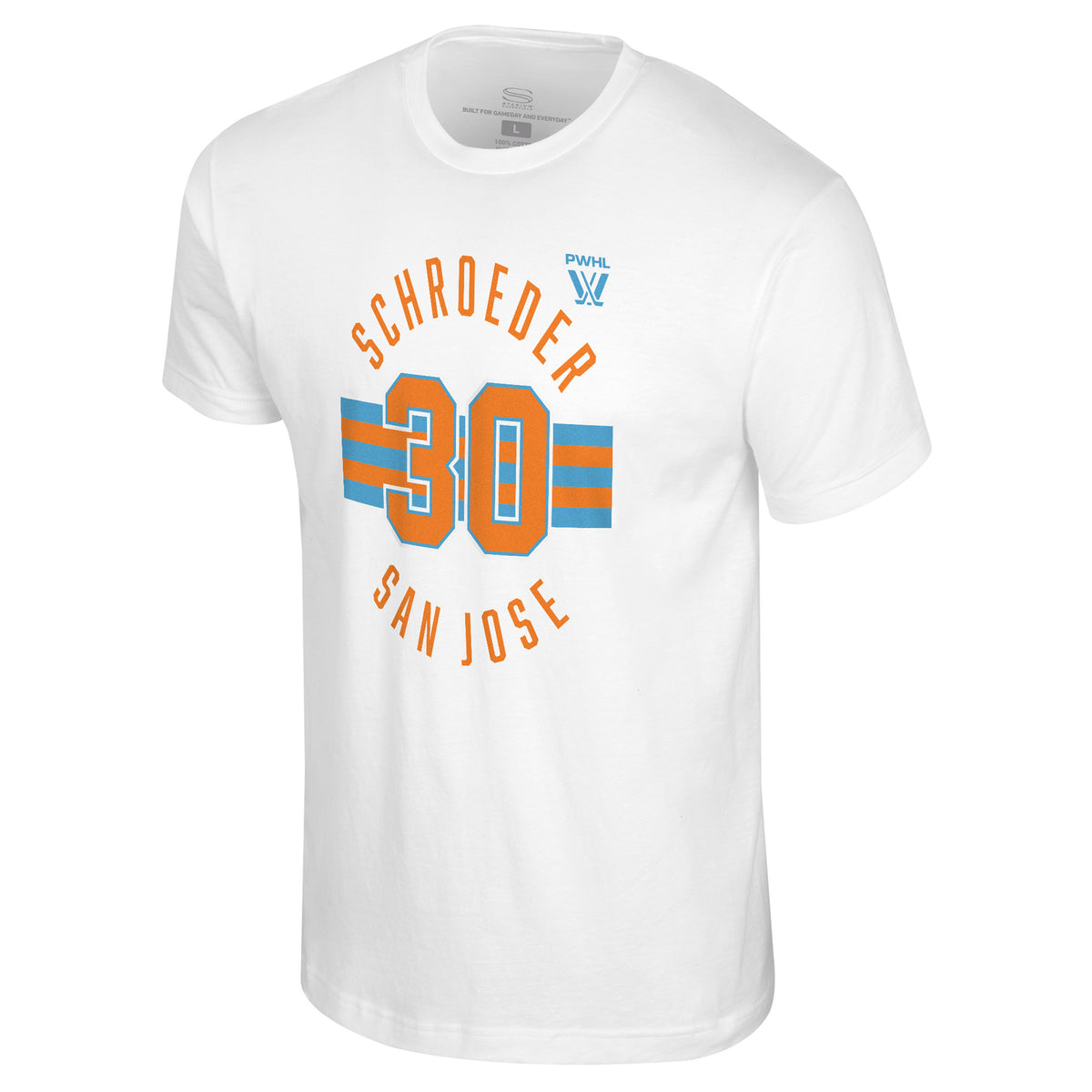 The front of a white short sleeved shirt. Blue and orange stripes are across the center with an orange '30' outlined in blue on top of them. 'SCHROEDER' in orange is on top with the PWHL logo next to it. 'SAN JOSE' is below in orange. 