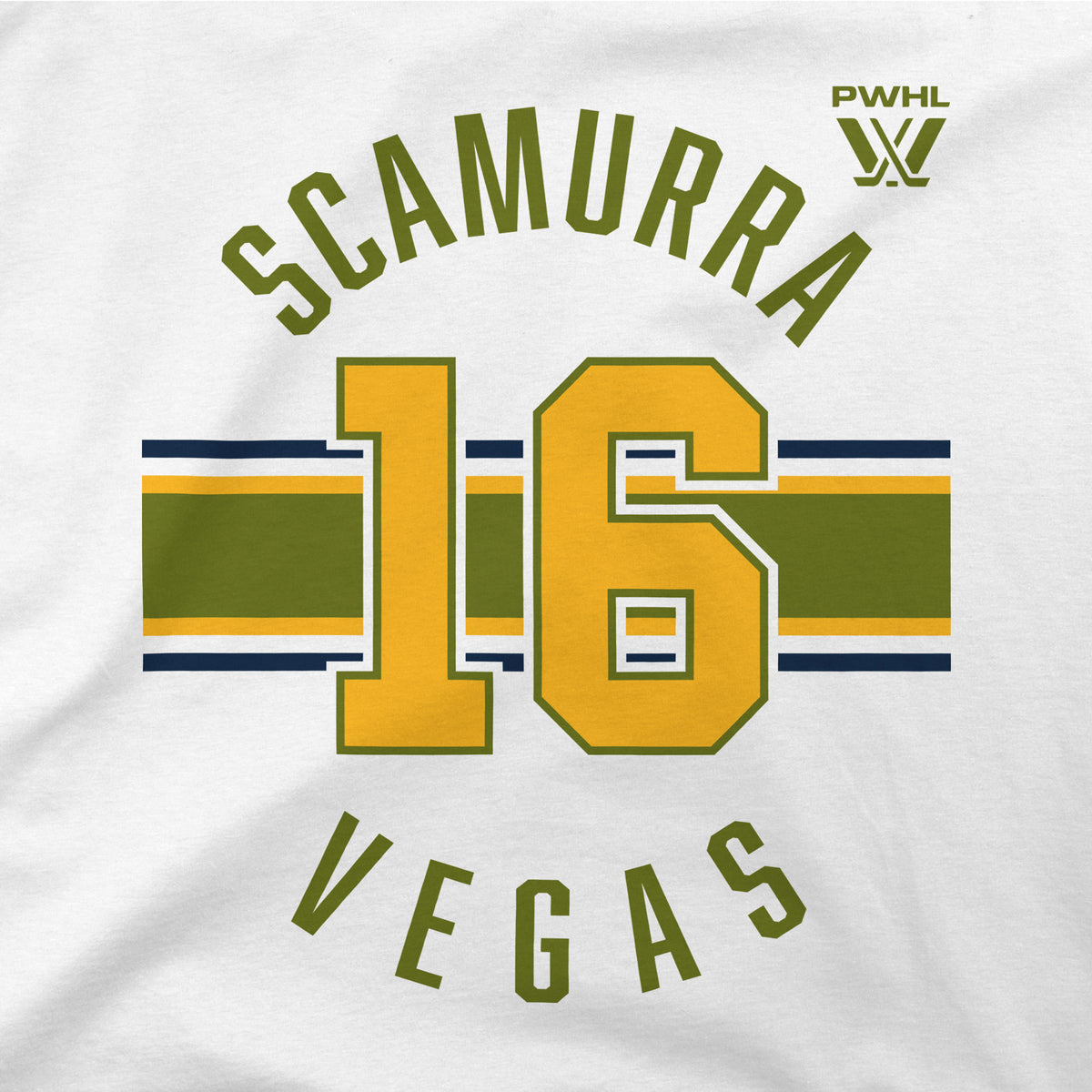 The front of a white short sleeved shirt. Green, yellow, and black stripes are across the center with a yellow '16' outlined in green on top of them. 'SCAMURA' in green is on top with the PWHL logo next to it. 'VEGAS' is below in green. 