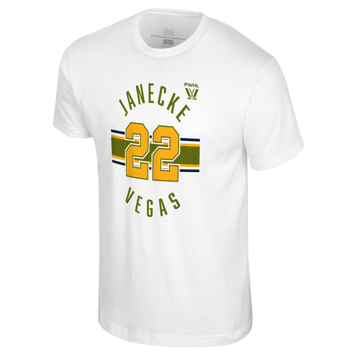 The front of a white short sleeved shirt. Green, yellow, and black stripes are across the center with a yellow '22' outlined in green on top of them. 'JANECKE' in green is on top with the PWHL logo next to it. 'VEGAS' is below in green. 