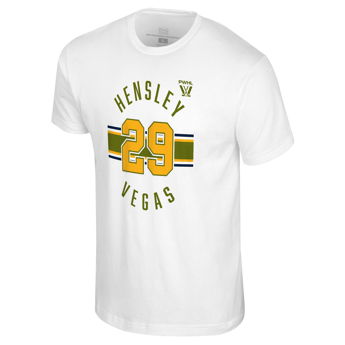 The front of a white short sleeved shirt. Green, yellow, and black stripes are across the center with a yellow '29' outlined in green on top of them. 'HENSLEY' in green is on top with the PWHL logo next to it. 'VEGAS' is below in green. 