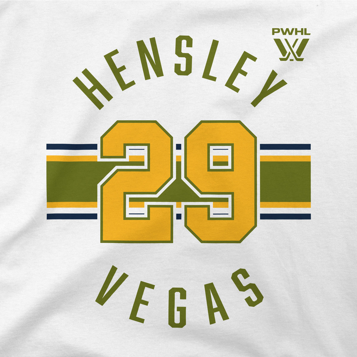 The front of a white short sleeved shirt. Green, yellow, and black stripes are across the center with a yellow '29' outlined in green on top of them. 'HENSLEY' in green is on top with the PWHL logo next to it. 'VEGAS' is below in green. 