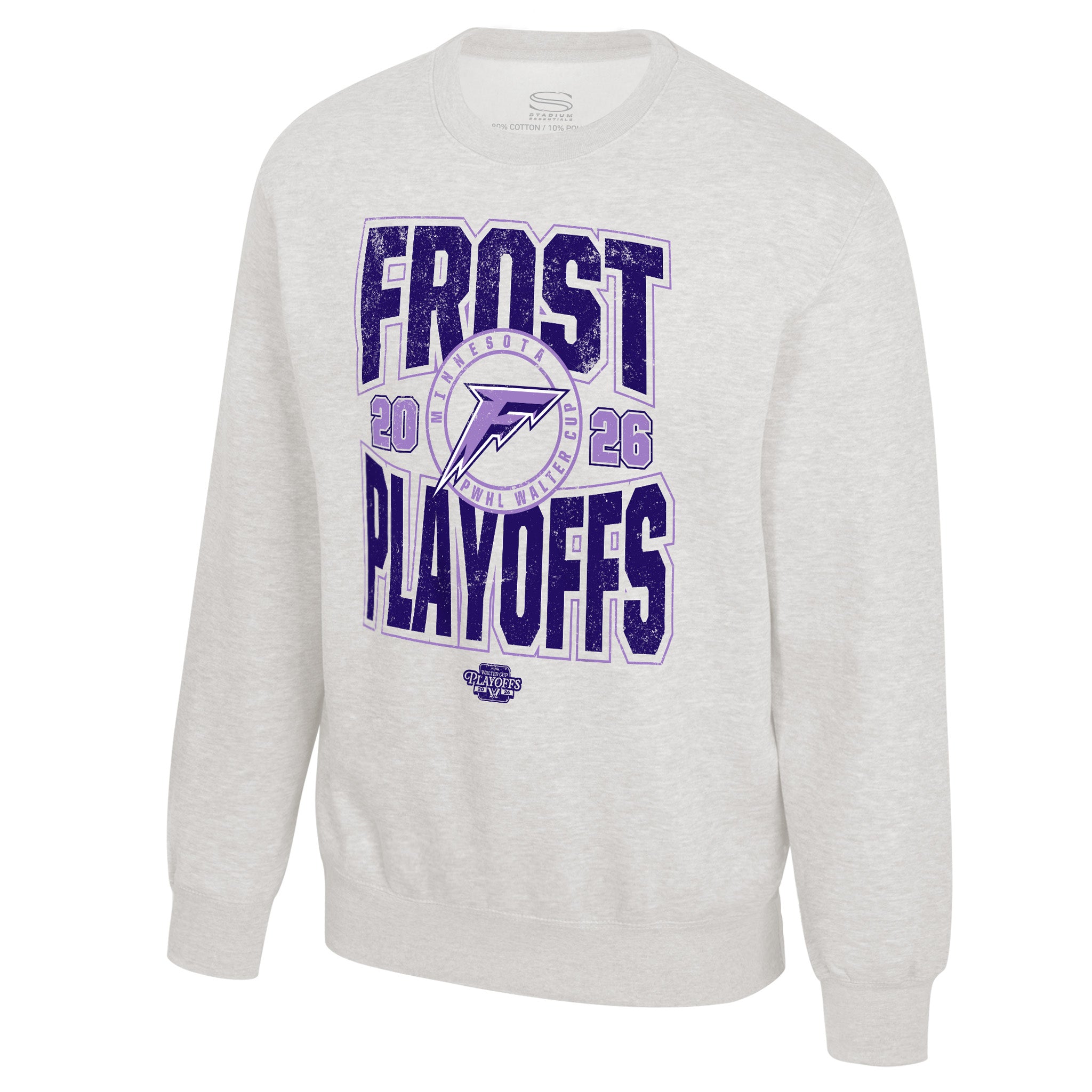 Gray sweatshirt with 'Frost Playoffs' text and logo on a white background