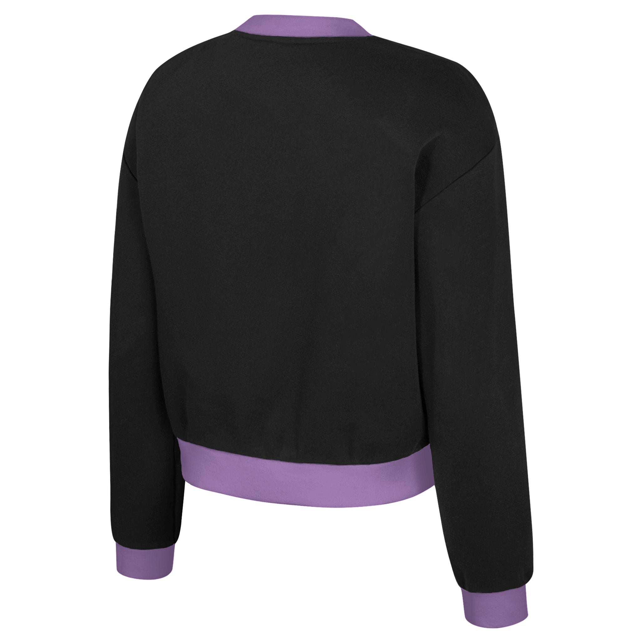 Black sweatshirt with purple accents on a white background