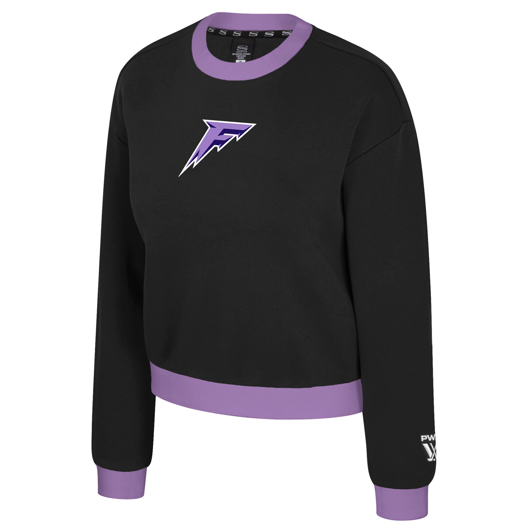 Black sweatshirt with purple accents and a logo on a white background