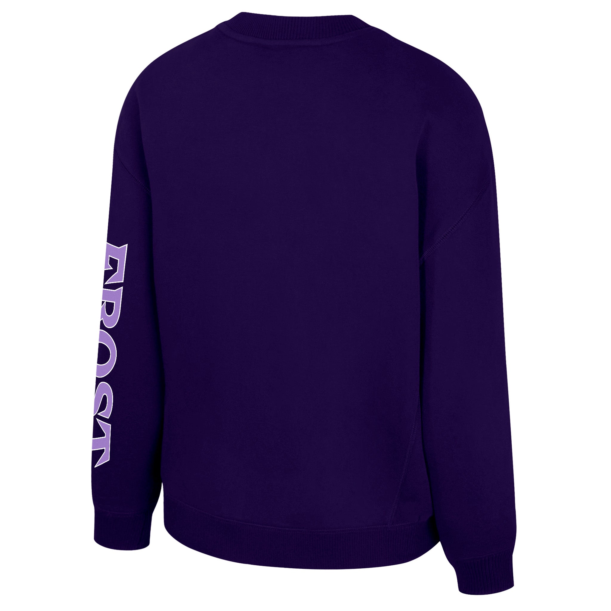 Purple sweatshirt with white text on sleeves against a white background