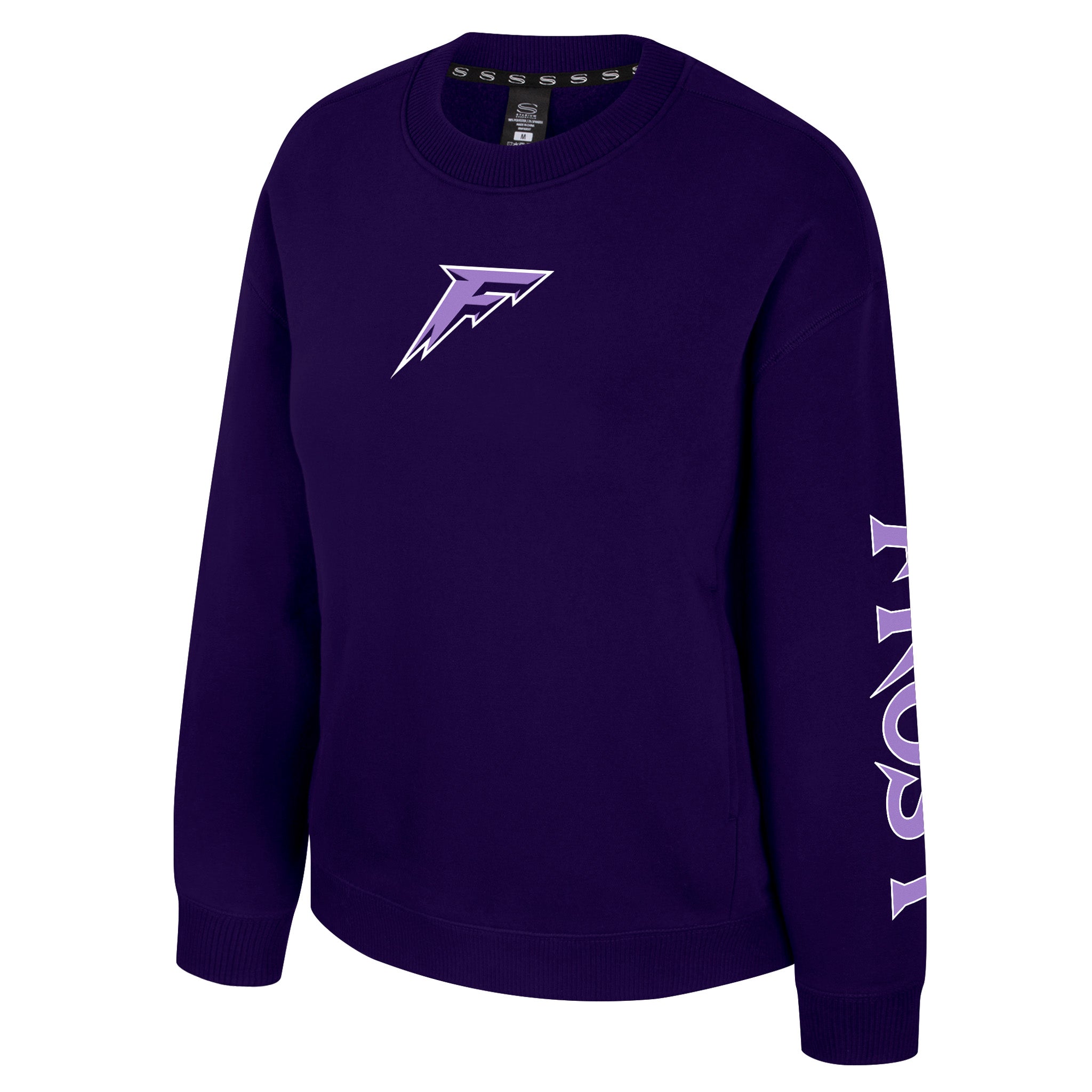 Purple sweatshirt with a logo and text on a white background