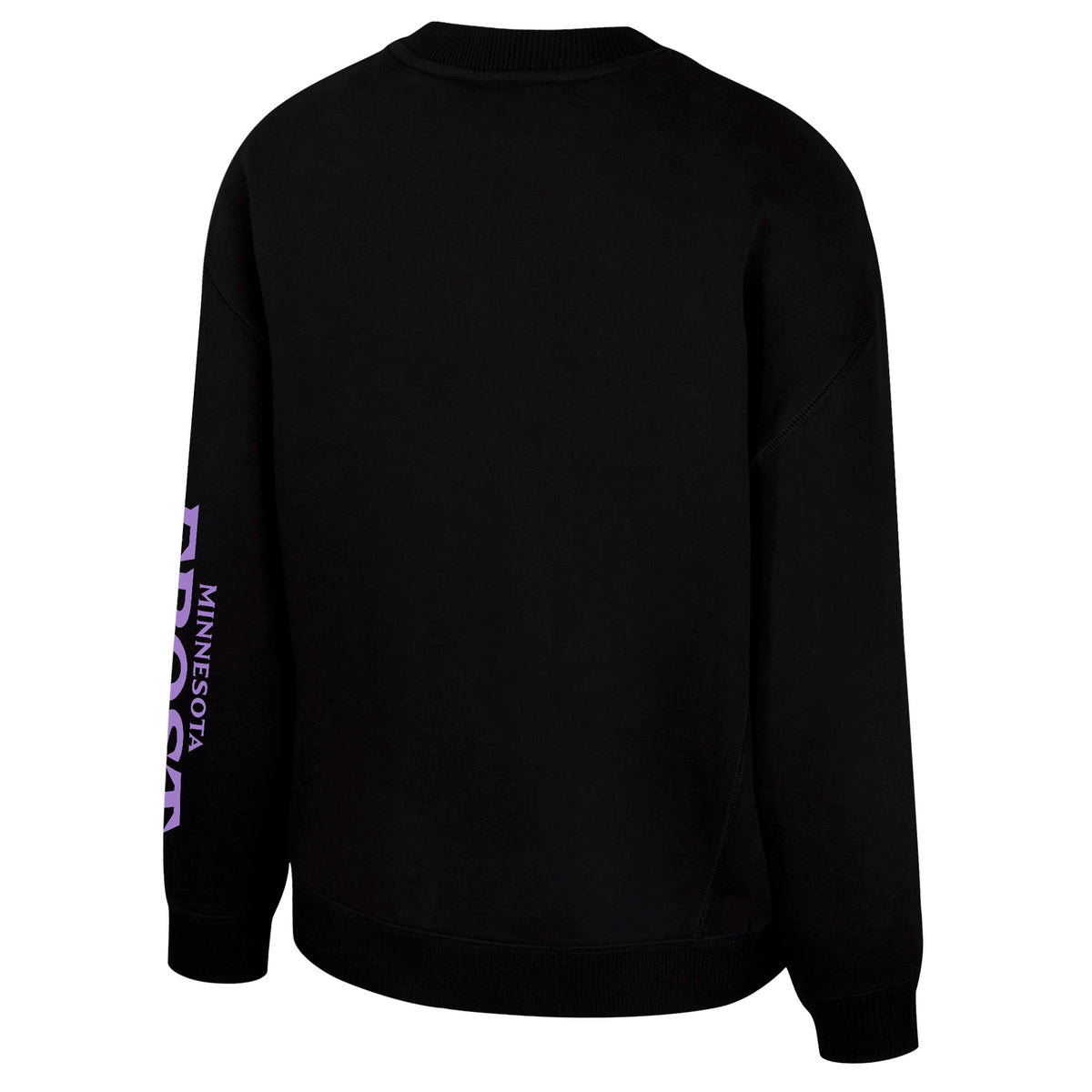 The back of a black crew neck Minnesota Frost crew neck sweatshirt with 'MINNESOTA FROST' along the left sleeve. The collar, cuffs, and bottom have ribbed detailing.