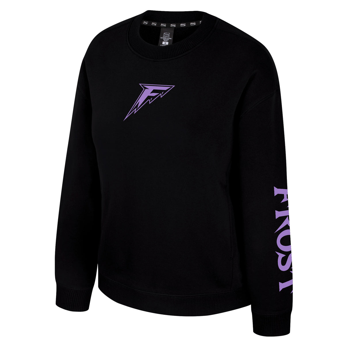 The front of a black crew neck sweatshirt with ribbed collar, cuffs and bottom band. A lavender mono-color Minnesota Frost logo is in the center of the chest with 'FROST' along the left sleeve.