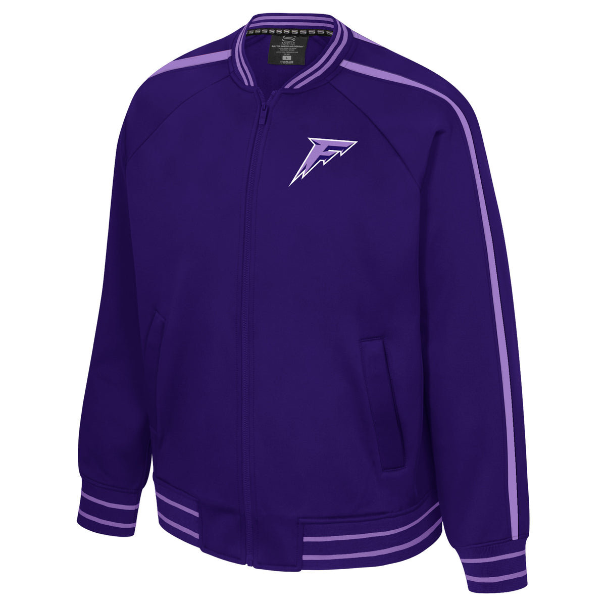 The front of a purple full zip jacket featuring two lavender stripes along the purple cuffs on the collar, sleeves, and bottom. Two lavender stripes also run vertically up the arms and shoulders reaching from the collar to the cuff. The Minnesota Frost logo sits on the right chest. 