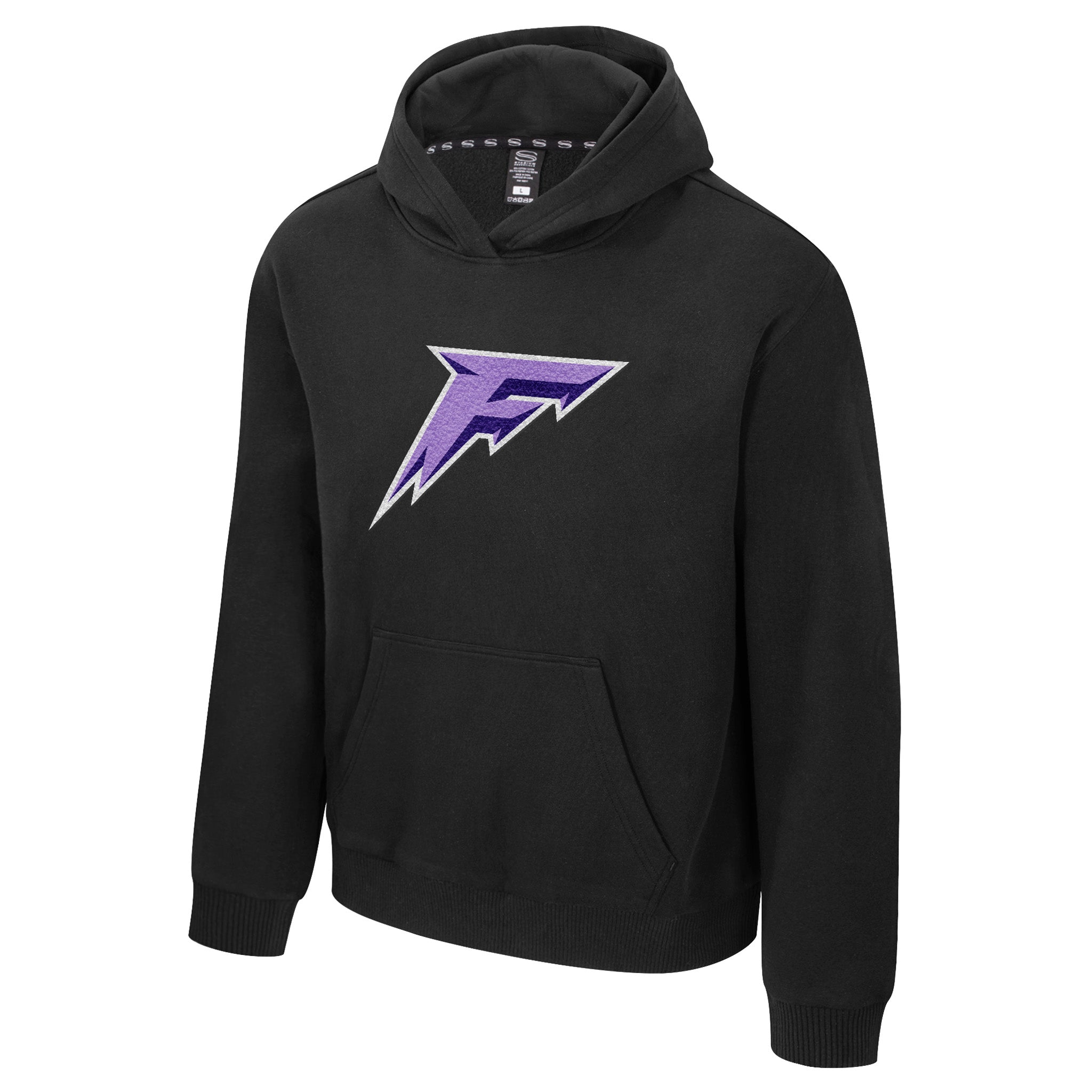 Black hoodie with a purple logo on a white background