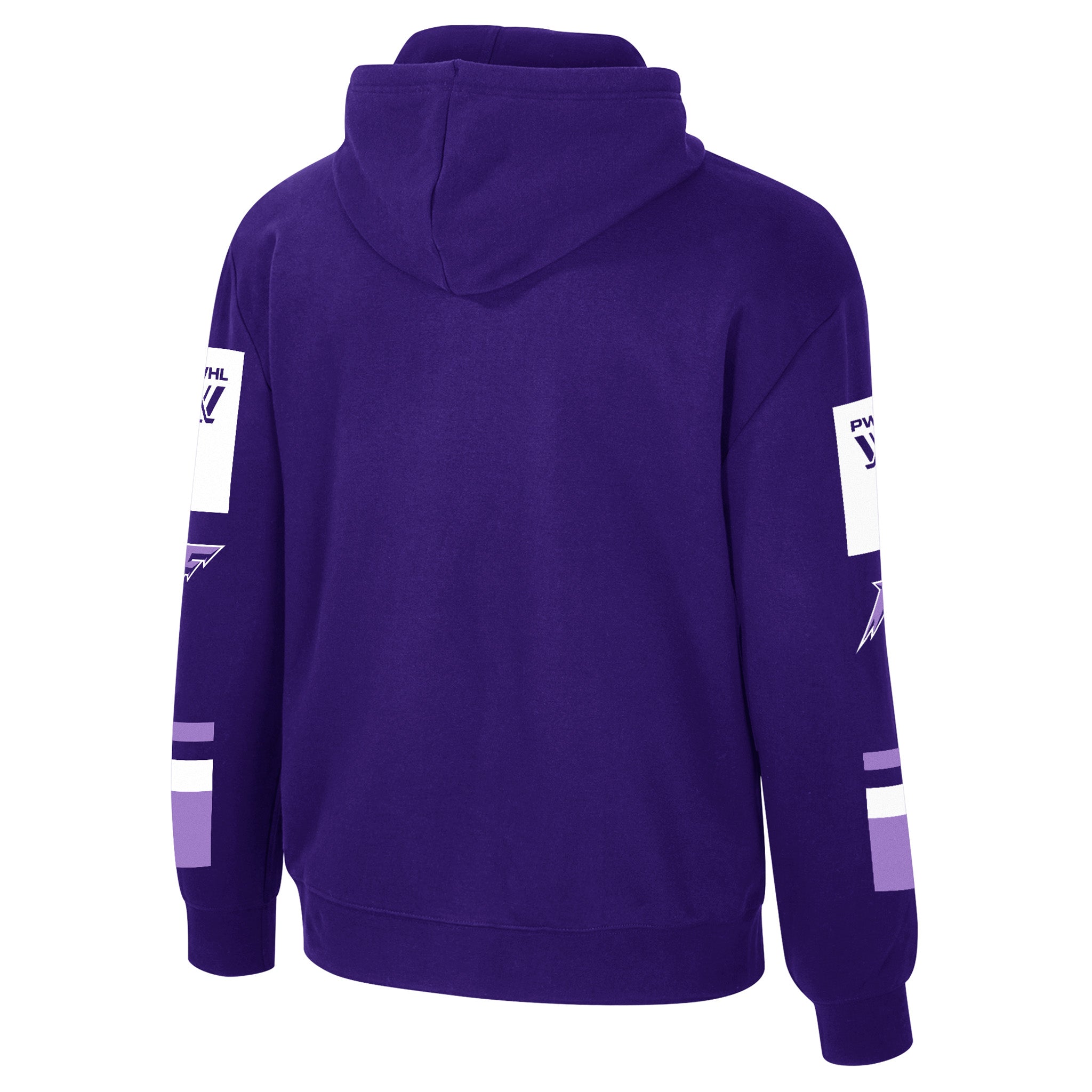 Purple hoodie with brand logos on sleeves against a white background