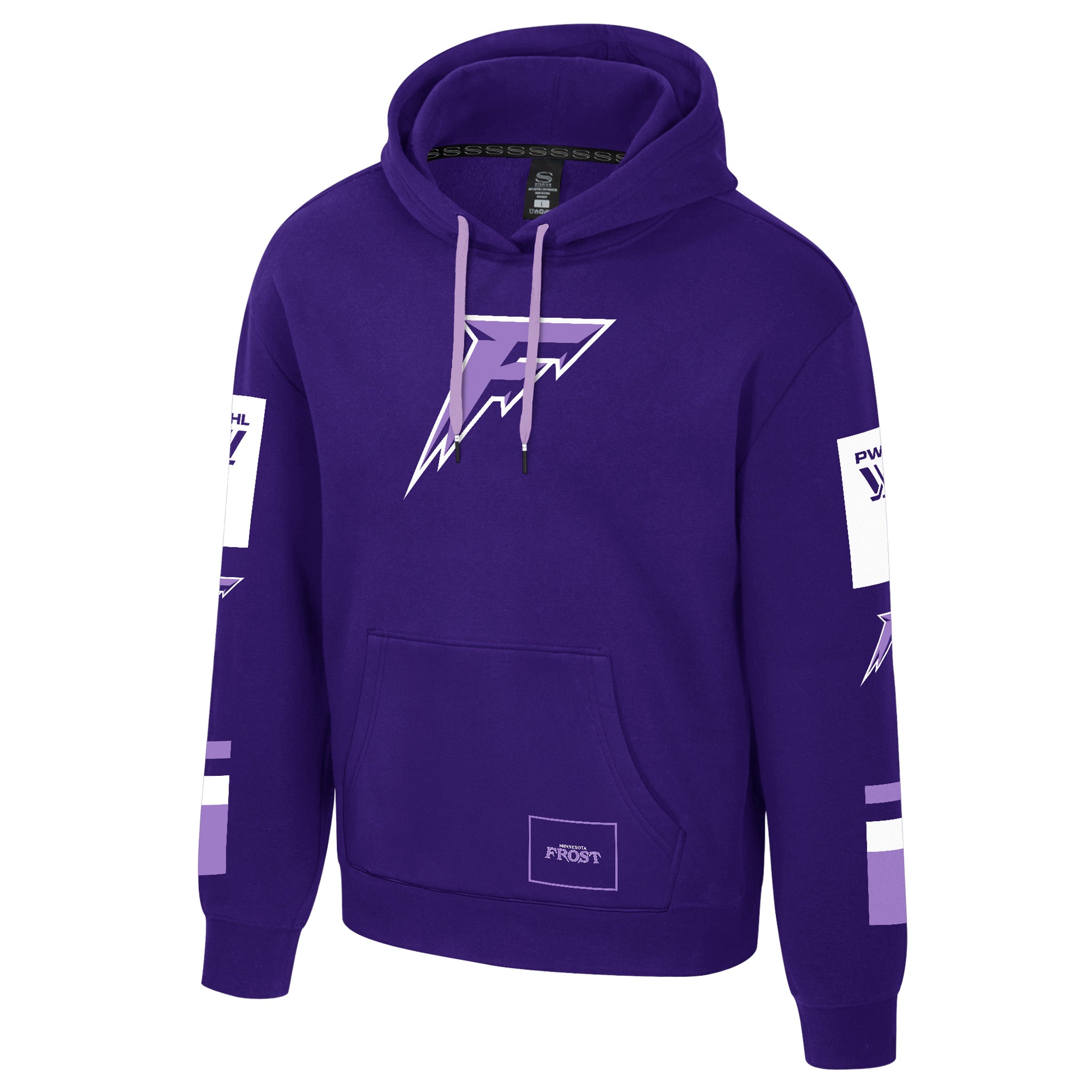 Purple hoodie with white and light purple designs on a white background