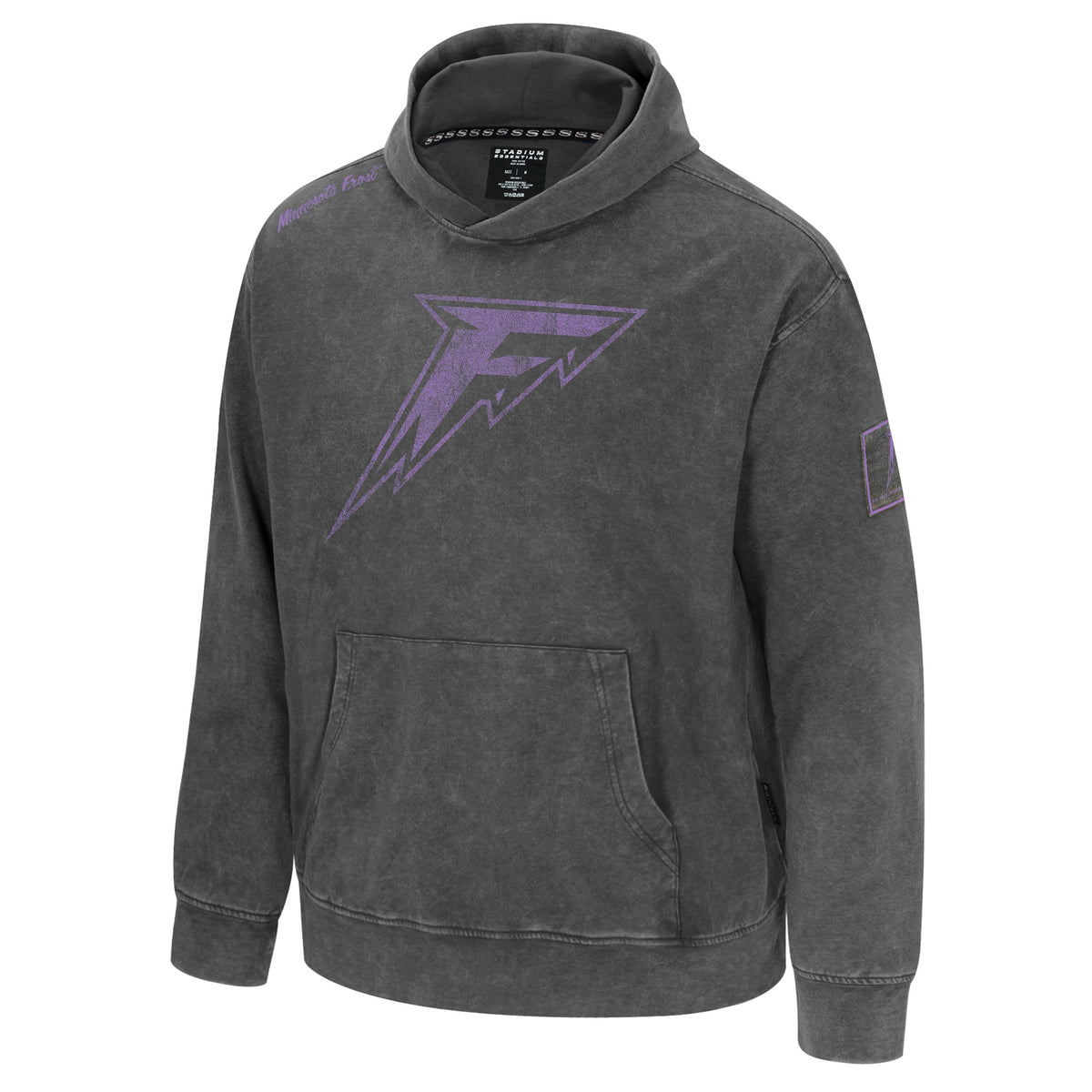 The front of a dark gray wash hooded sweatshirt with a large lavender mono-color Minnesota Frost logo at the center of the chest. 'Minnesota Frost' in lavender is in cursive on top of the right shoulder and a dark gray wash patch on the left arm containing the Minnesota Frost logo.