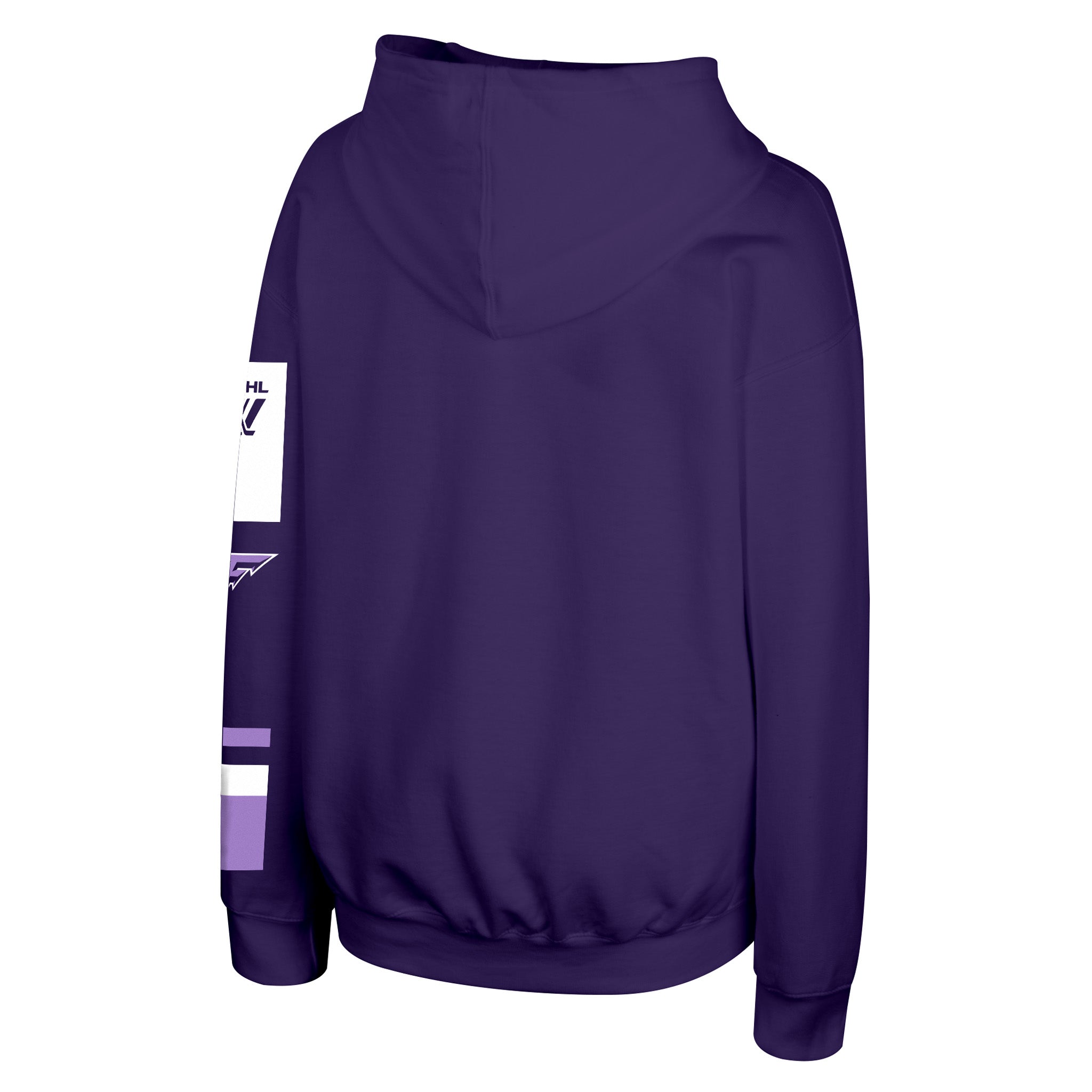A dark purple hoodie shown from the back, featuring a white and purple graphic print on the left sleeve, set against a plain white background.