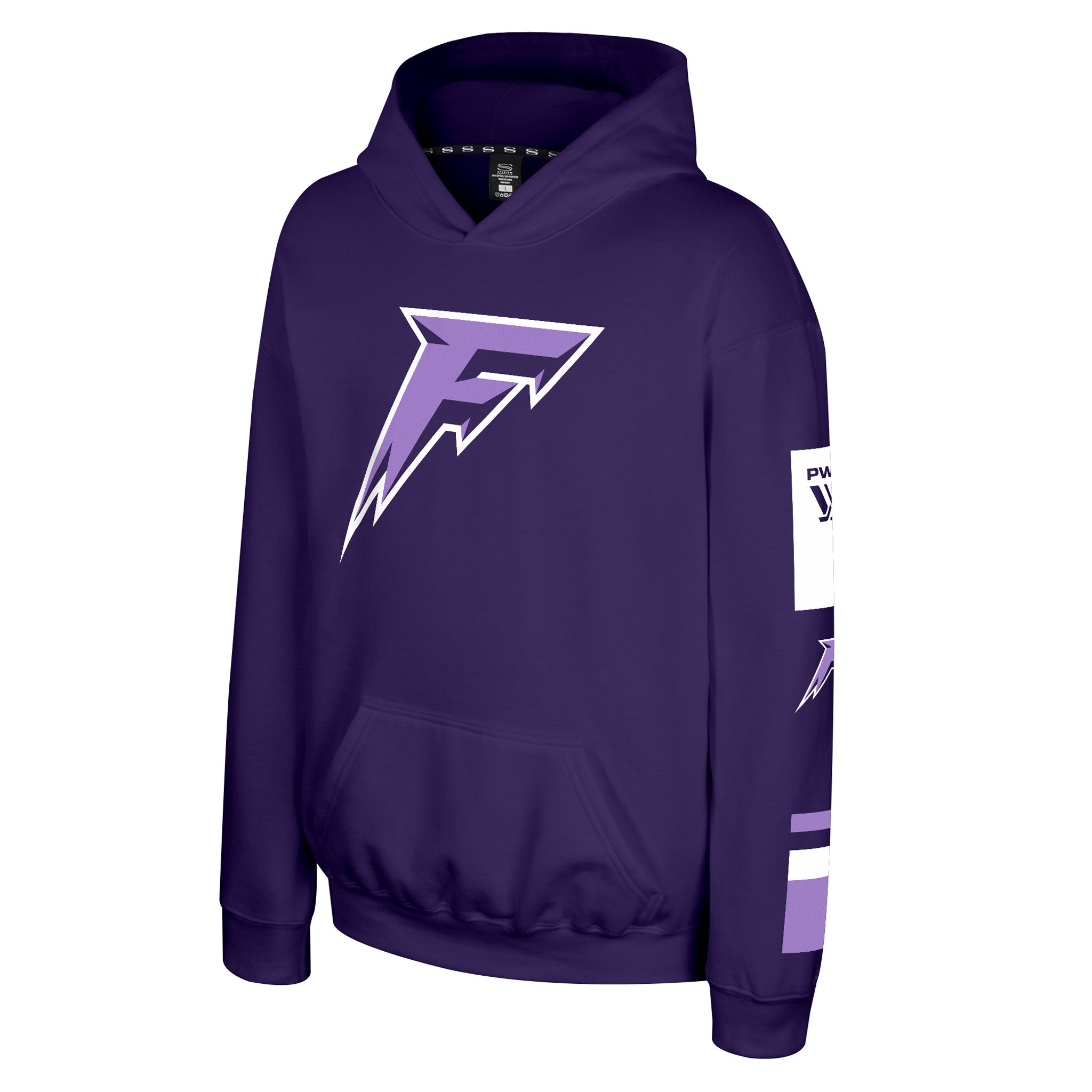 A purple pullover hoodie featuring a large stylized 'F' logo on the chest in purple and white, with a white sleeve patch and purple stripes on the other sleeve.