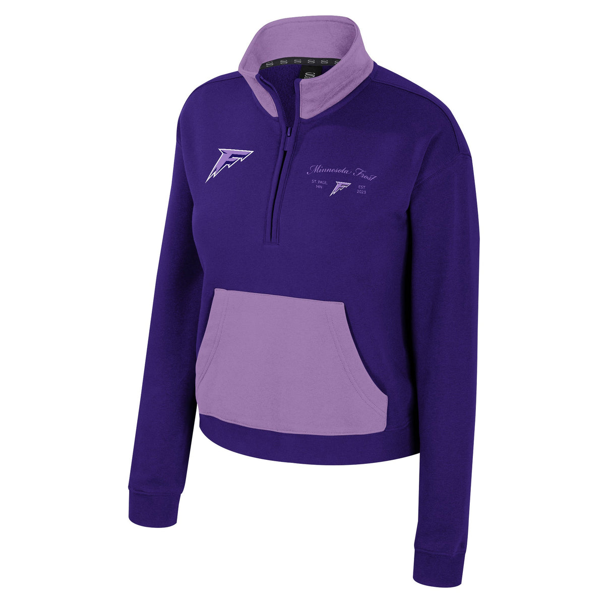 The front of a purple fleece half zip with lavender color blocking on collar and front pocket. The right chest has an embroidered Minnesota Frost logo. The left chest has ‘Minnesota Frost’ embroidered in lavender cursive above a small, embroidered Minnesota Frost Logo with ‘ST PAUL, MN’ and ‘EST 2023’ on each side of it.
