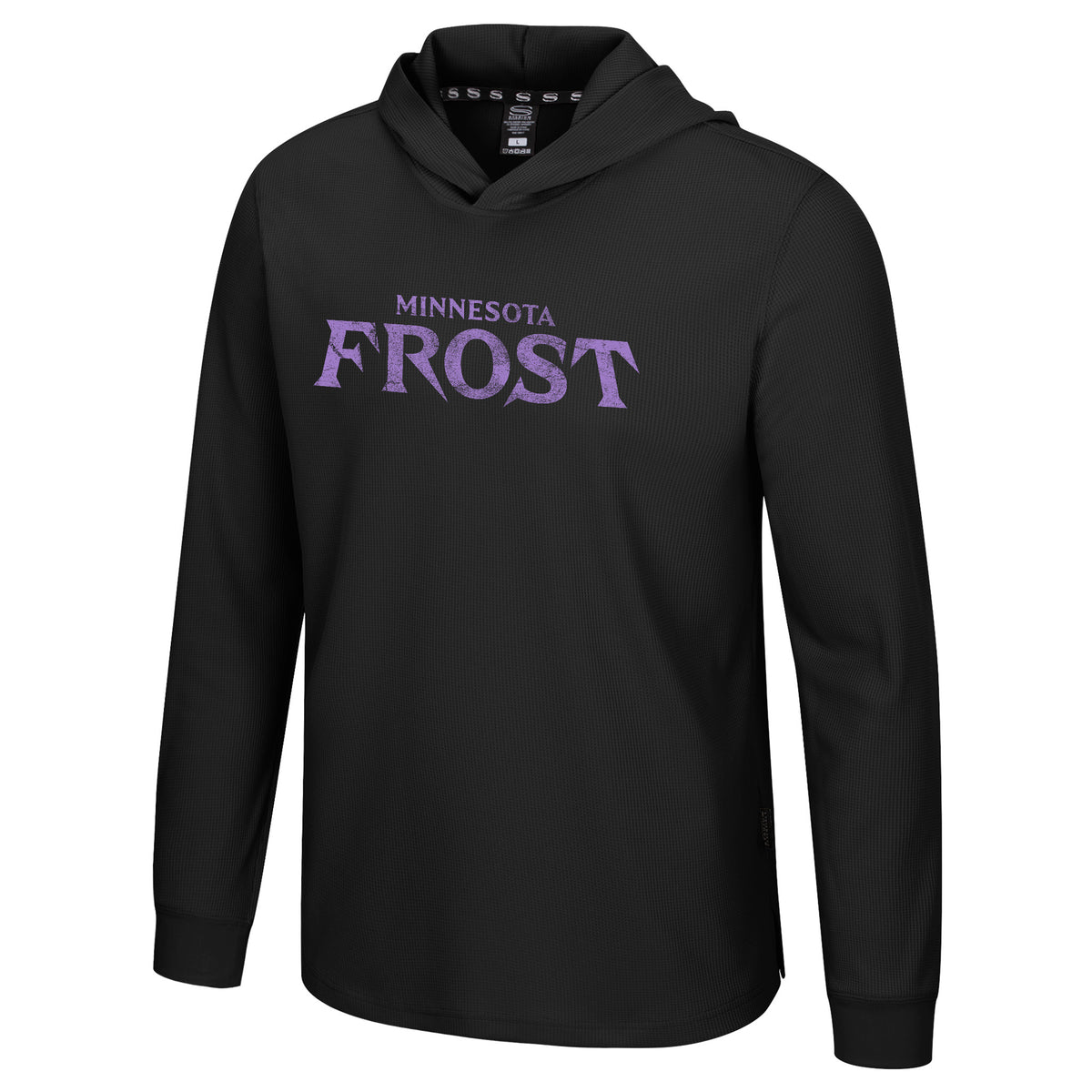 The front of a black thermal hoodie with 'MINNESOTA FROST' across the chest in lavender. 
