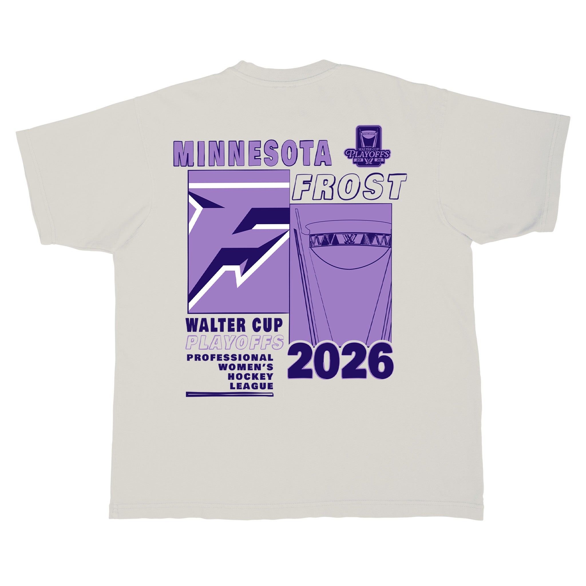 White t-shirt with purple graphic and text on a white background
