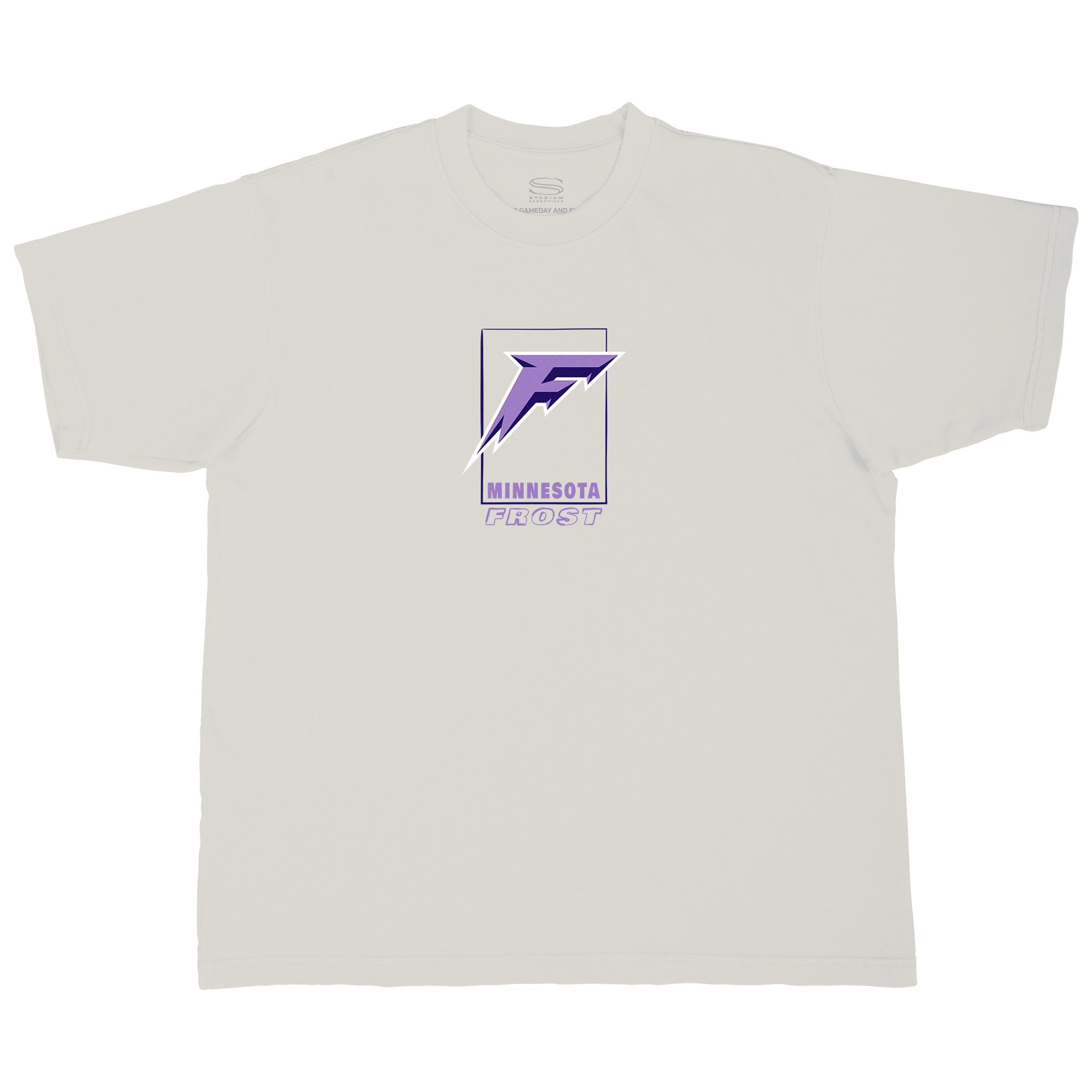 White t-shirt with a purple graphic design on a white background