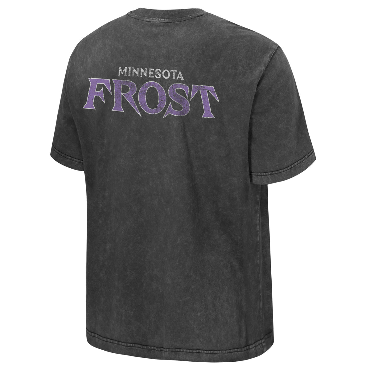 The back of a dark gray wash short sleeve shirt that has 'MINNESOTA' in white with 'FROST' in lavender below it. 